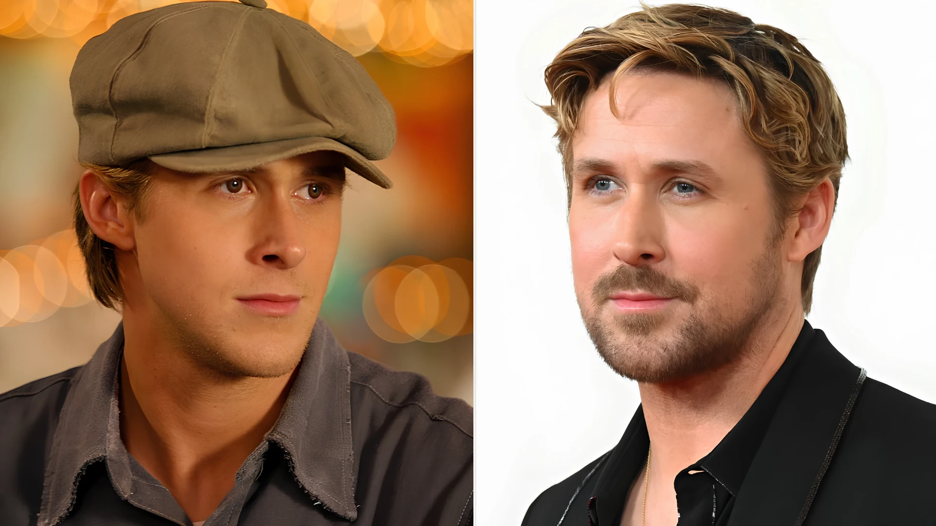 Split image comparing Ryan Gosling in a grey cap and shirt on the left to a recent headshot on the right
