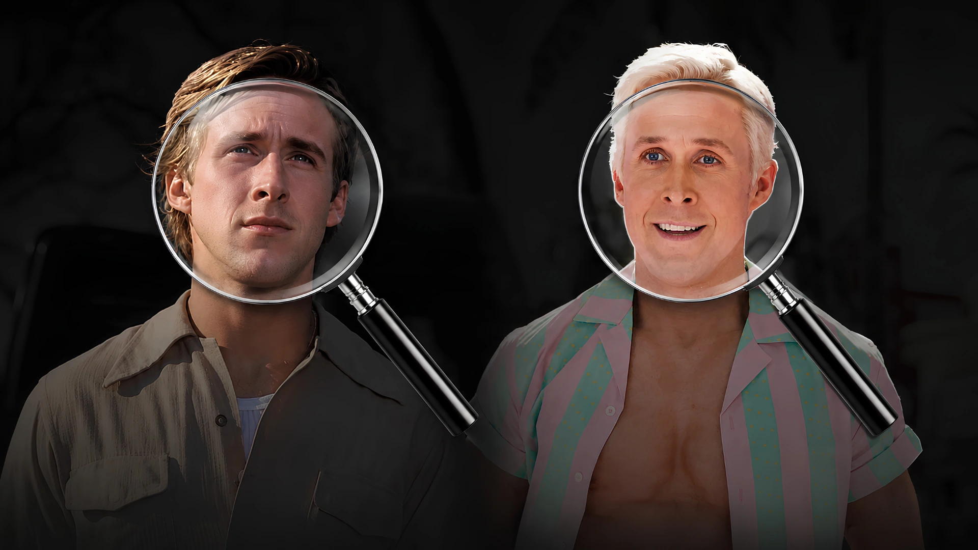 Two pictures of Ryan Gosling, one from The Notebook and other from Barbie highlighting face changes over time