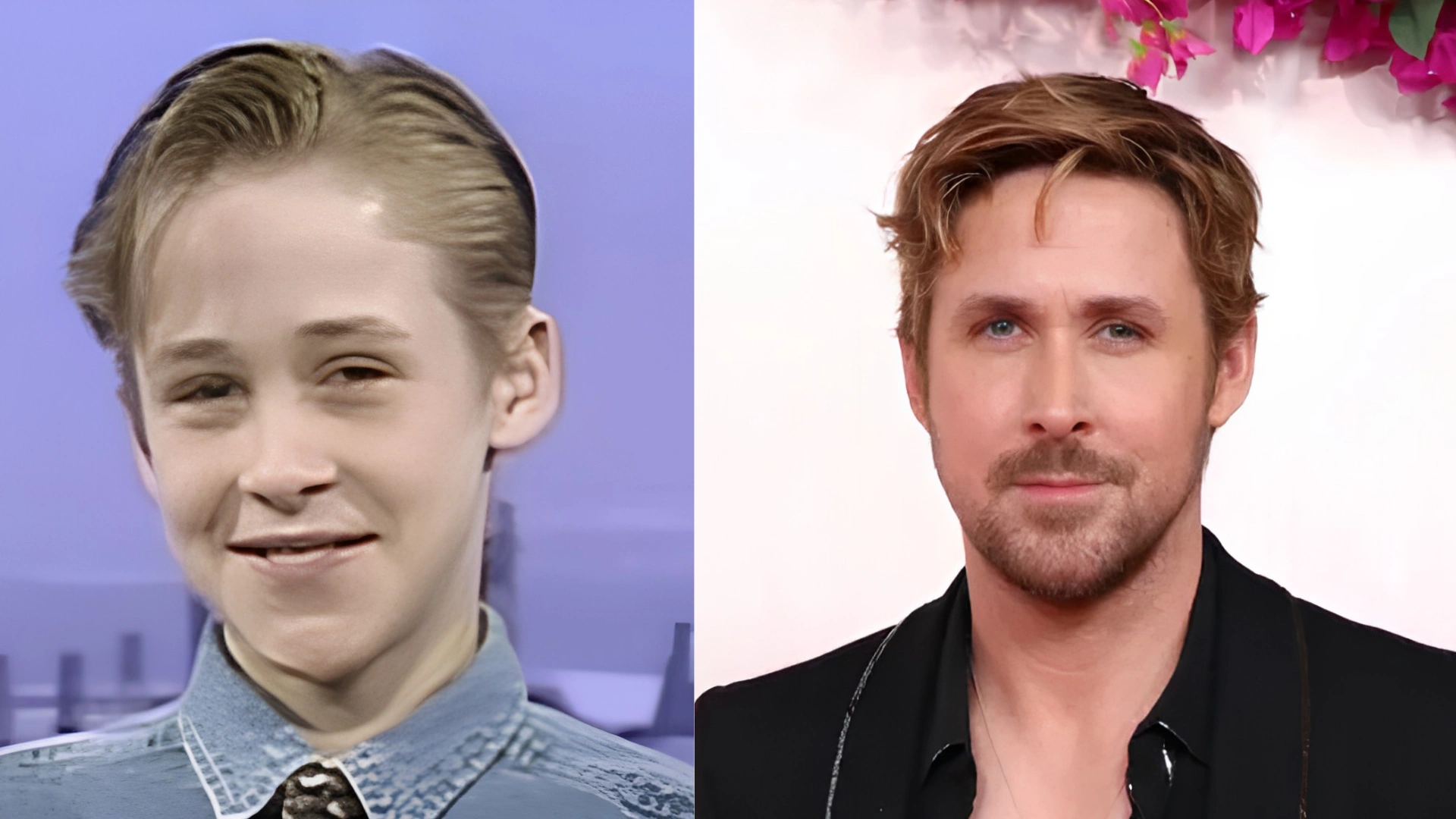 Split image showing a young Ryan Gosling on the left and an adult Ryan Gosling on the right