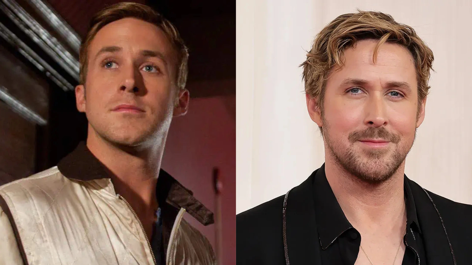 Split image of Ryan Gosling in a white bomber jacket on the left and in a black suit on the right