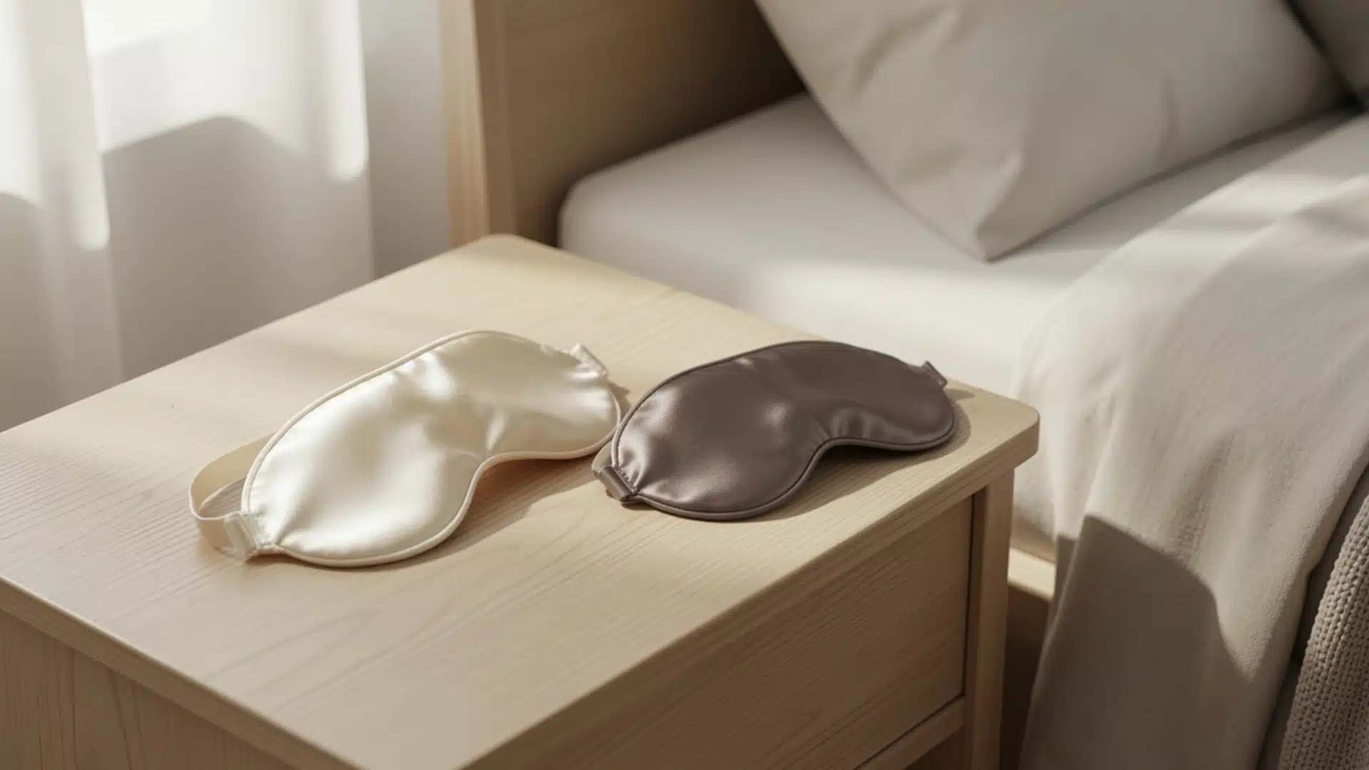 Two eye masks, one satin cream and one silk taupe, rest on a wooden nightstand next to a made bed