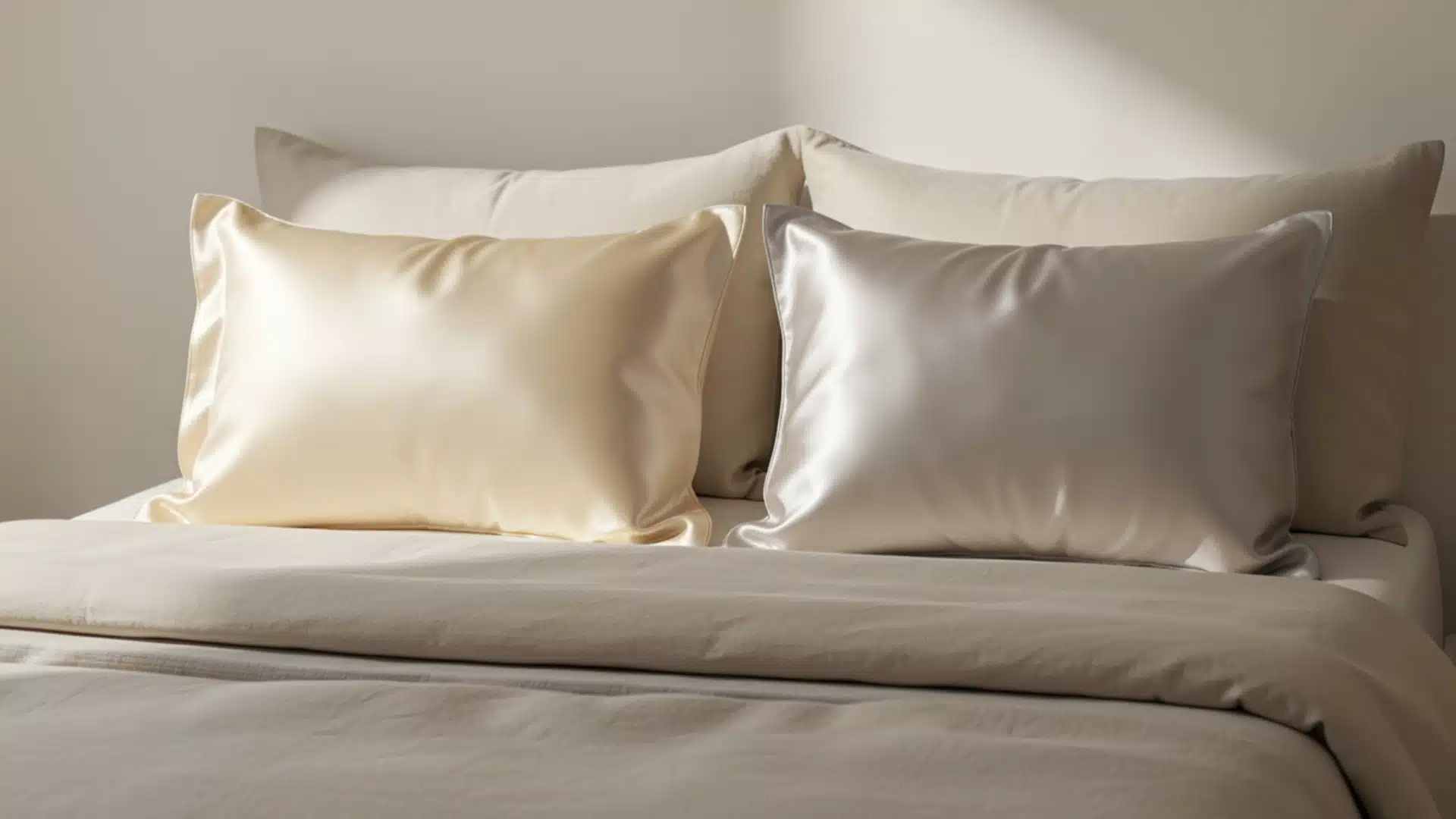 Two pillowcases, satin or left and silk on right, in cream and silver lie on a neatly made bed