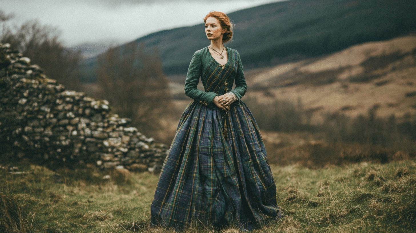 Woman in green plaid historical dress standing outdoors with mountains and stone wall in background