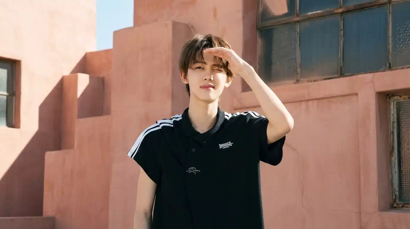 Seonghyeon posing in the sun during an outdoor photoshoot, wearing a black collared shirt against a warm-toned architectural backdrop.