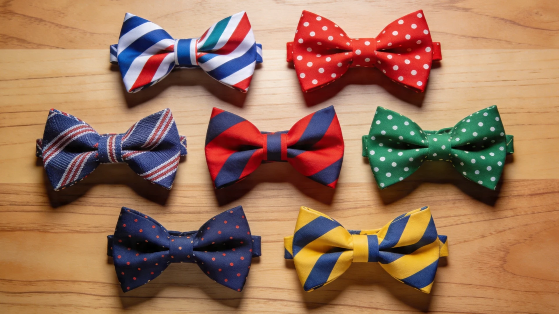 Polka dot and patterned bow ties of different colors placed on a wooden table