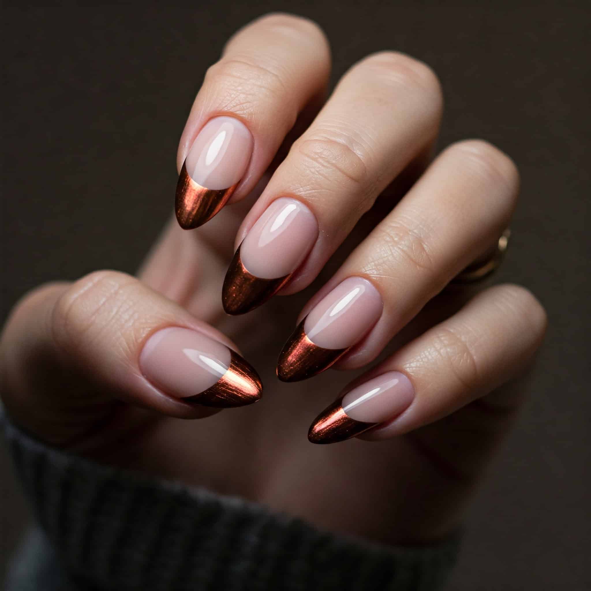 A woman's hand featuring a trendy copper nail design, highlighting intricate details