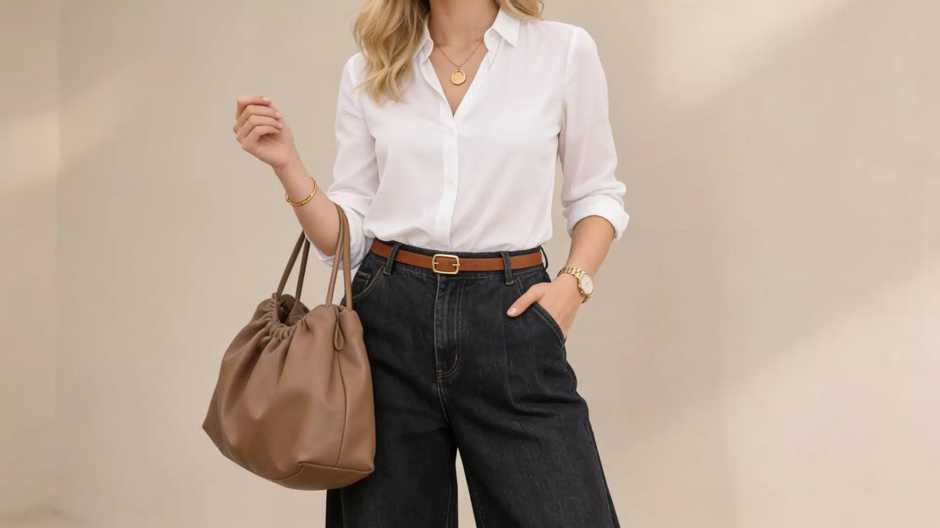 Blonde woman wearing a white button-down shirt, dark wide-leg jeans, a brown belt, tortoise shell sunglasses, and carrying a slouchy brown leather tote bag against a light beige background.