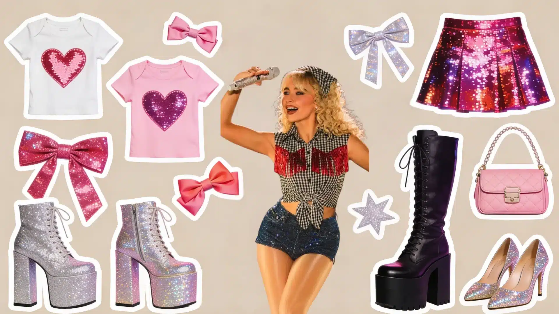 Fashion collage with a confident female pop star in a sparkly mini outfit holding a microphone surrounded by baby tees with heart graphic