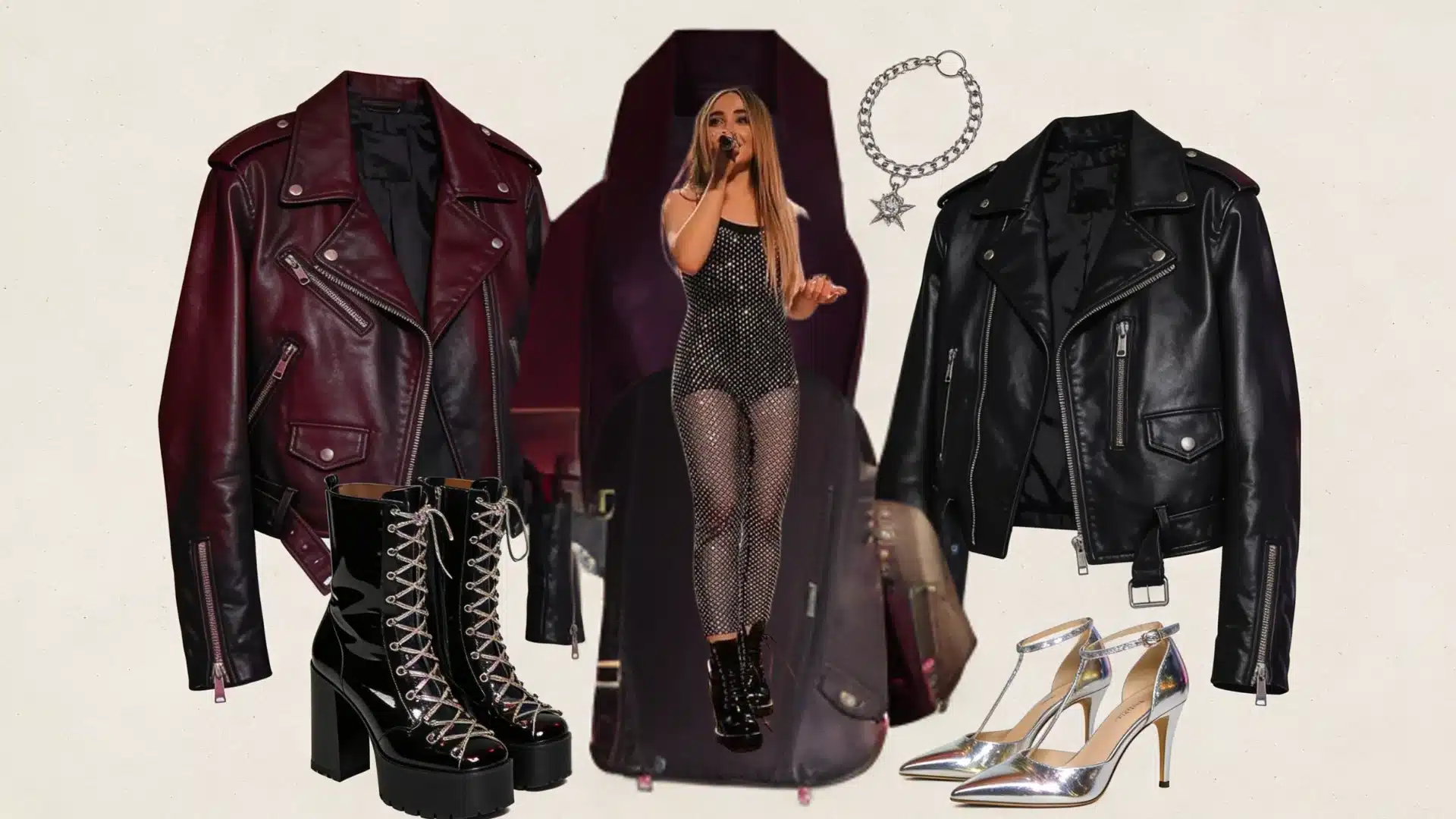 Collage featuring a performing woman in a sheer bodysuit surrounded by rock-inspired fashion items including black and burgundy moto jackets platform lace-up boots silver stilettos and a chain bracelet