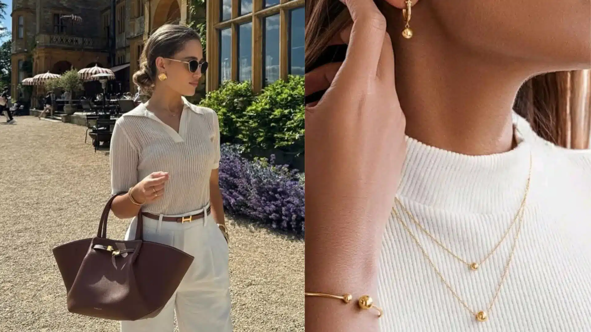 Split image showing a woman in beige attire with a brown tote bag outdoors juxtaposed with a close-up of gold jewelry on a white ribbed sweater