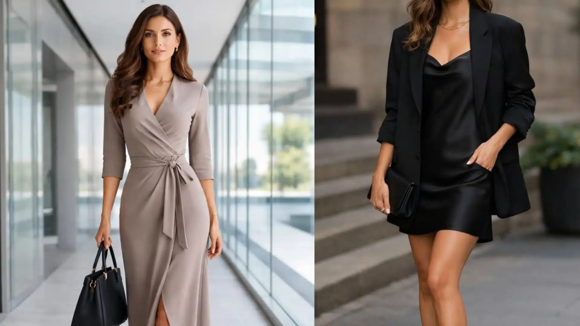 Split image featuring a woman in a taupe wrap dress in a modern office setting next to a woman in a black satin slip dress and blazer outdoors on stone steps