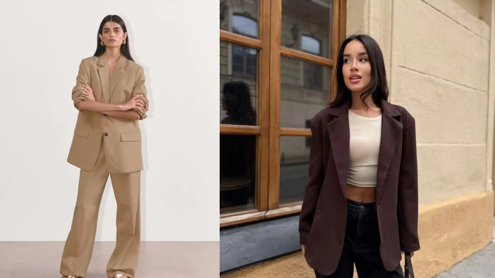 Split image showcasing two women modeling oversized blazers one in a full tan suit against a white background and the other in a dark brown blazer over a white crop top