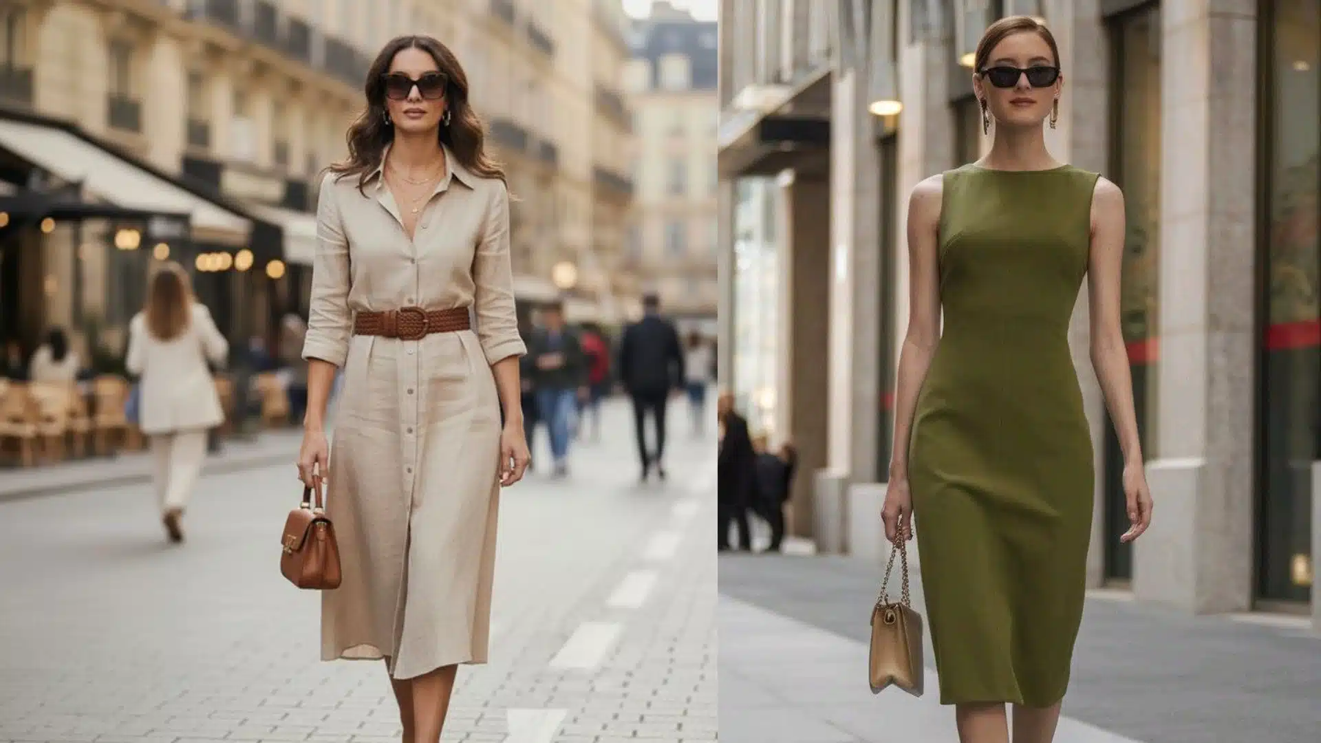 Split image showing two elegantly dressed women walking in urban outdoor settings one in a beige shirtdress and the other in an olive green sheath dress