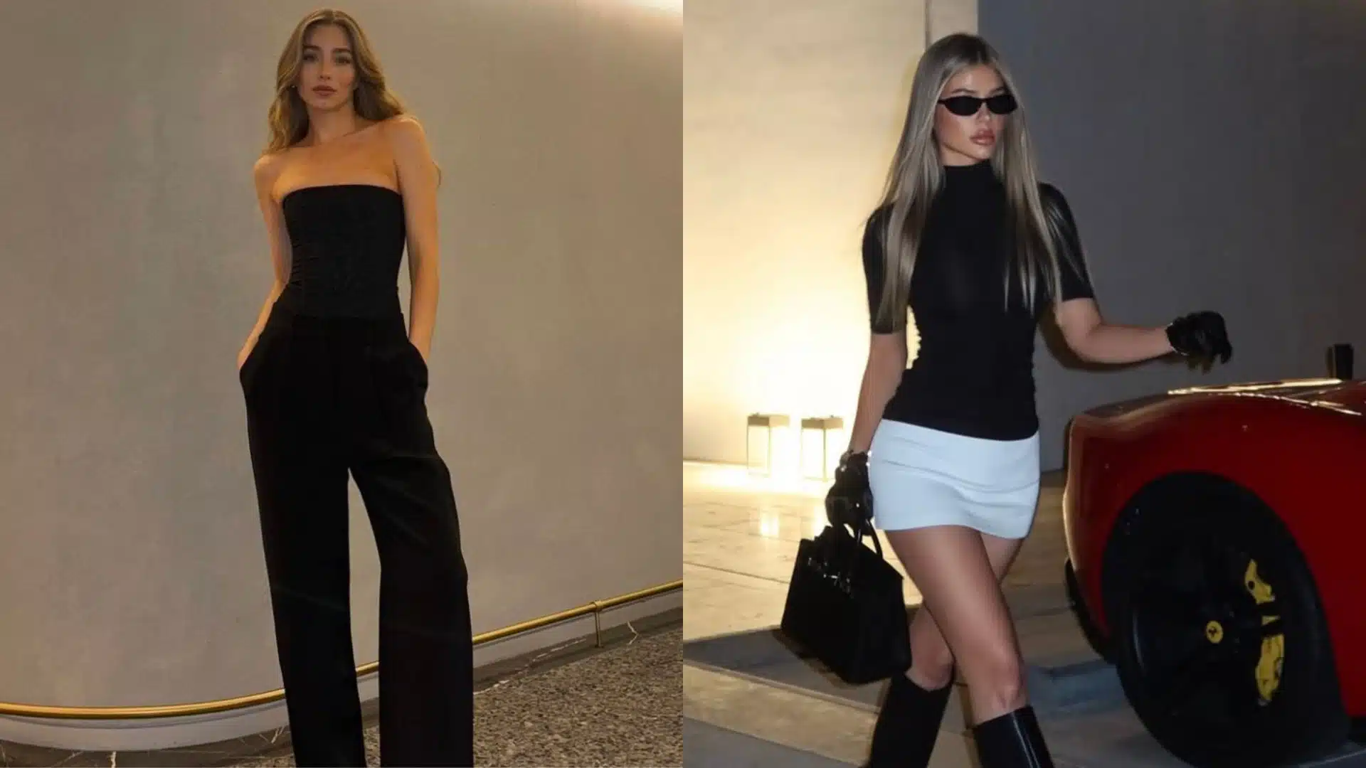 Split image showing two women in fashionable black outfits one in wide-leg pants and the other beside a red sports car