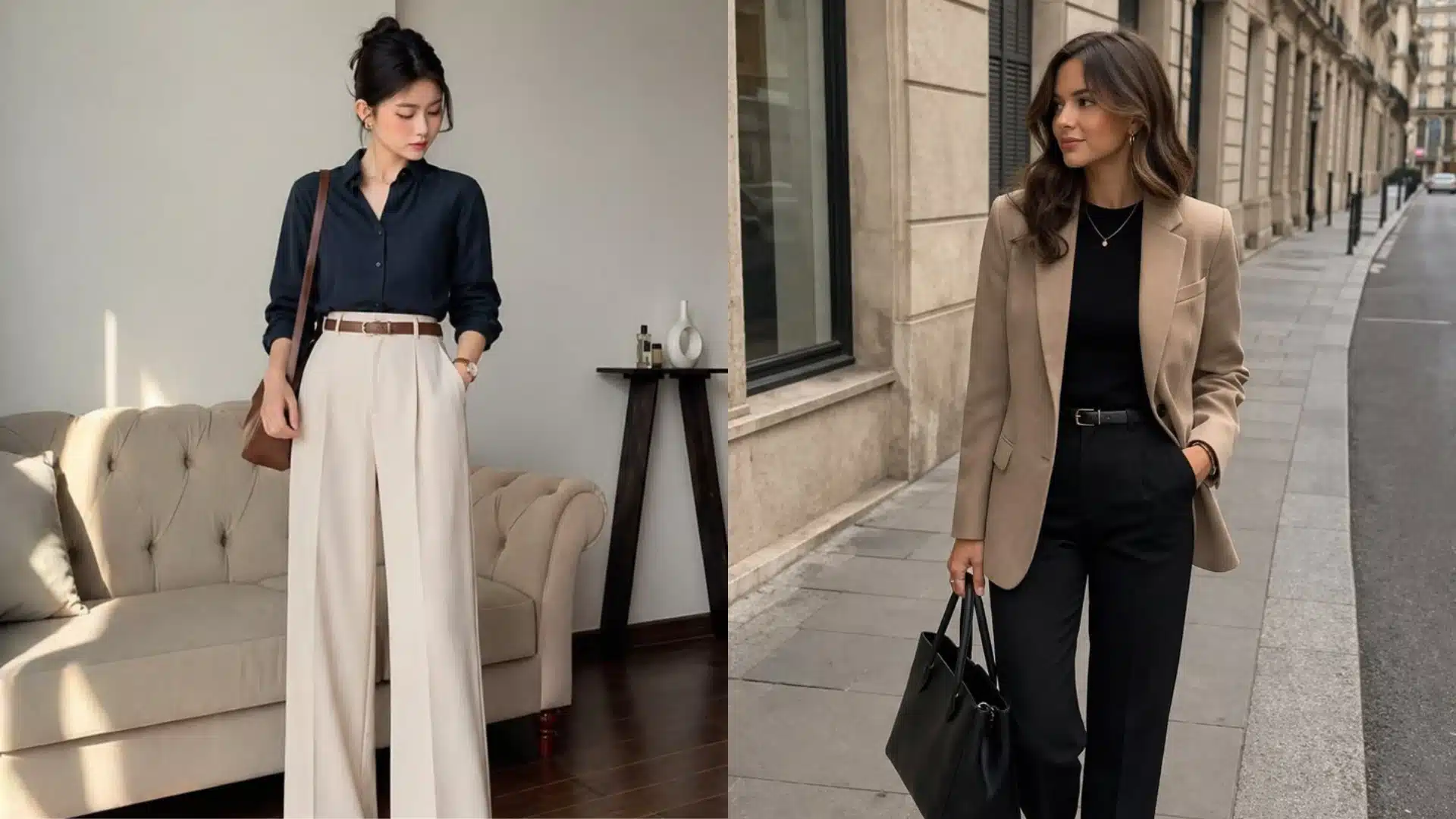 Split image showing two women modeling contrasting business casual outfits one in navy and cream wide-leg trousers indoors and another in a tan blazer and black pants