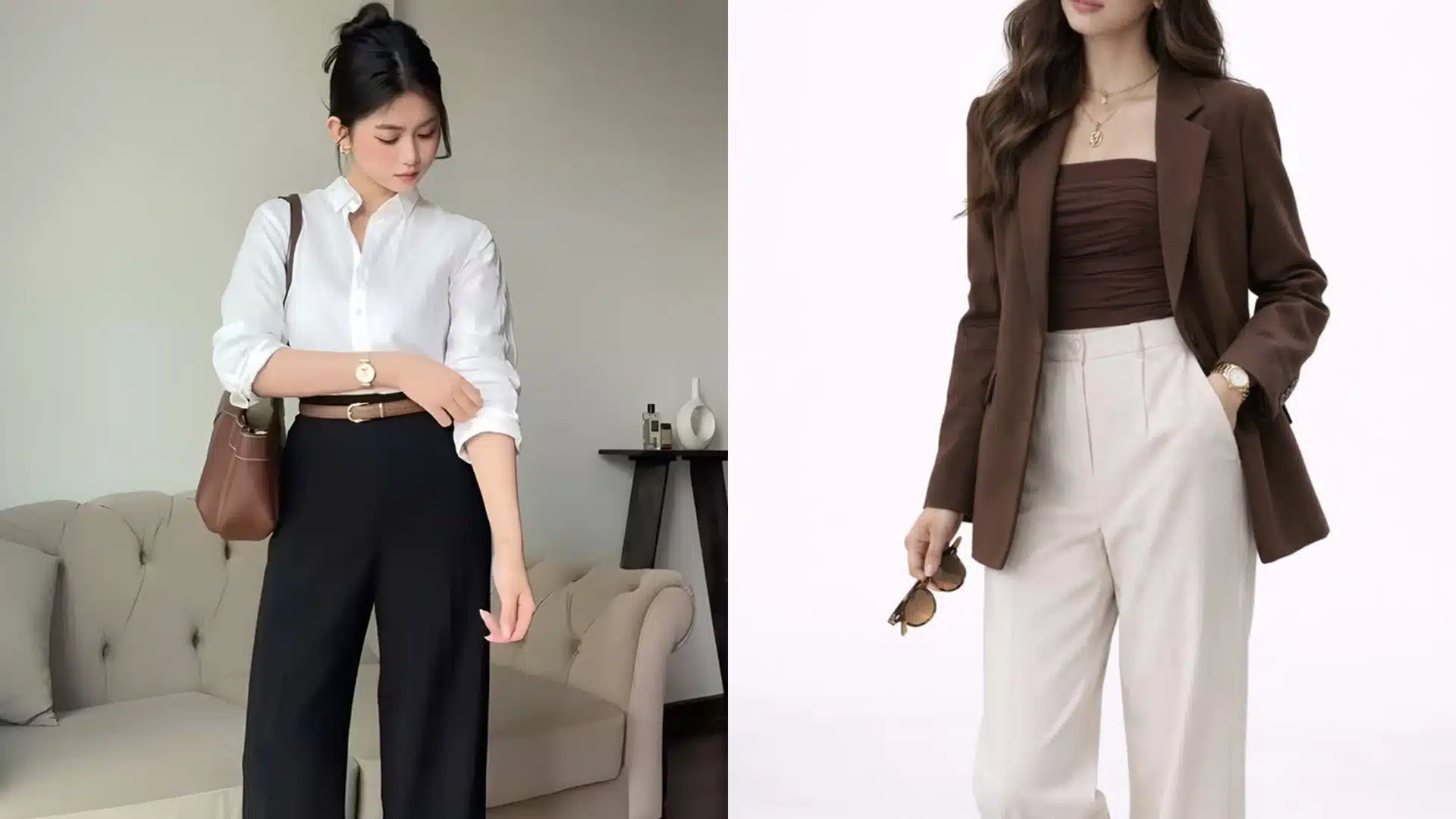 Two women model modern business casual outfits one in a white shirt and black trousers the other in a brown blazer brown top and cream trousers.