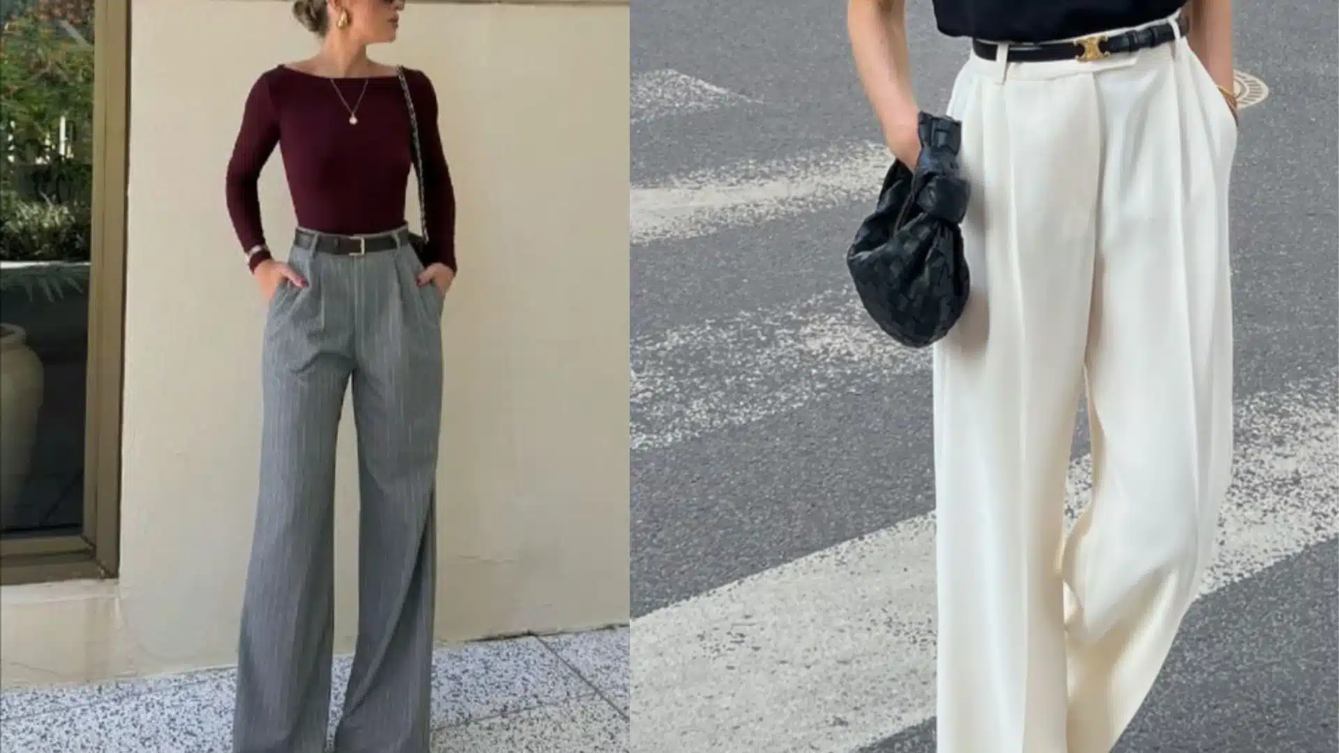 Split image featuring two women modeling wide-leg trousers one in grey pinstripes and a burgundy top the other in cream trousers