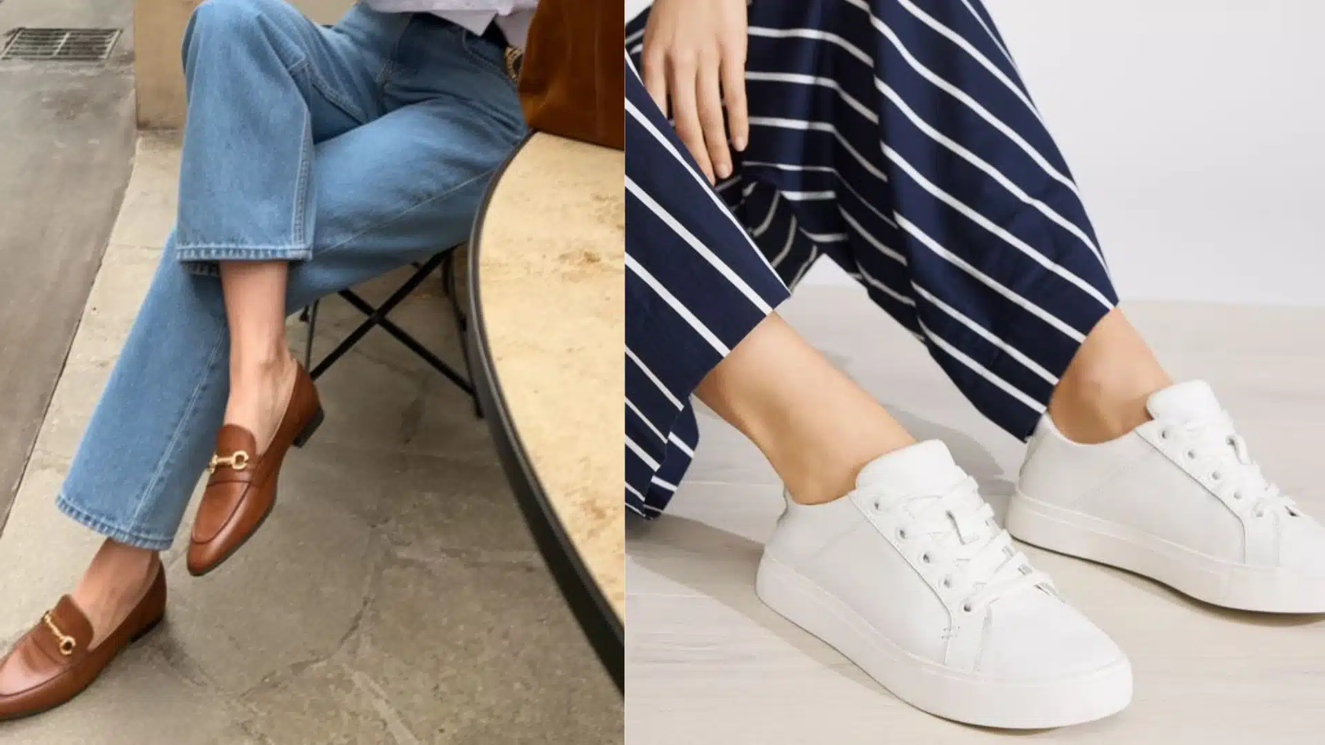 Split image showcasing a person wearing brown leather loafers with cropped jeans seated outdoors contrasted with another person wearing white sneakers with navy and white striped pants