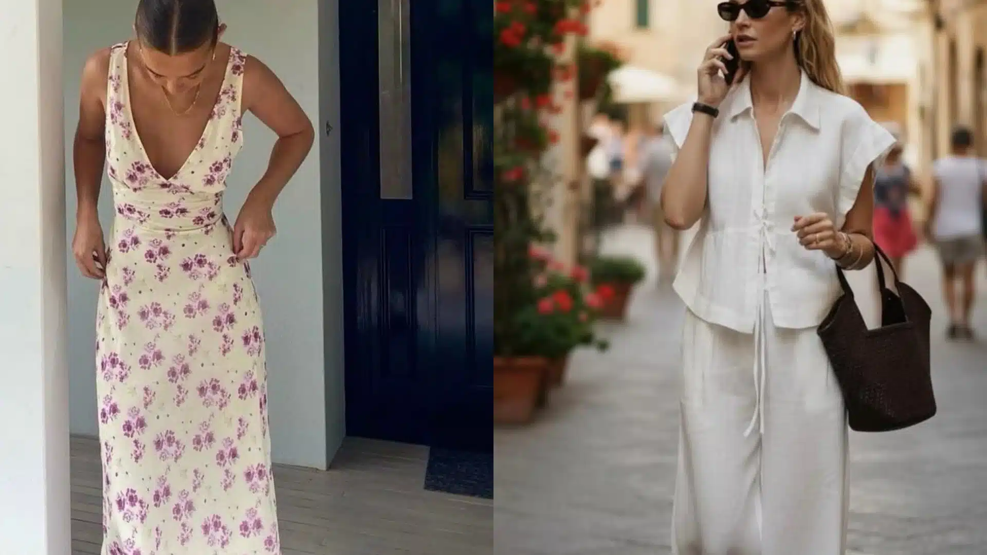 Split image showing a woman in a yellow floral dress on the left and a woman in a white linen outfit talking on the phone on a European street on the right.