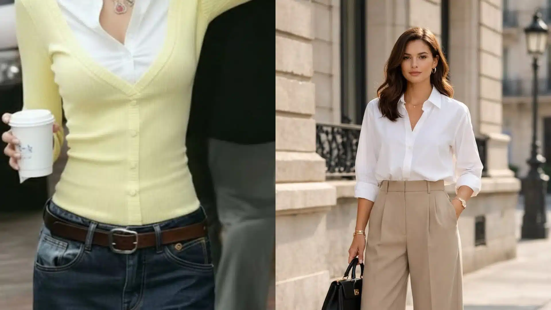 Split image comparing casual yellow cardigan and jeans outfit on the left with a professional white button-down and tan trousers outfit on the right