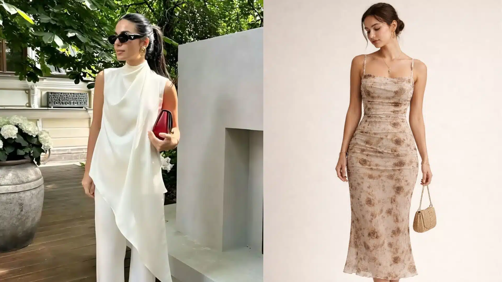Split image showing a woman in white asymmetric drape attire holding a red clutch outdoors and a woman in a ruched beige floral midi dress holding a small woven bag