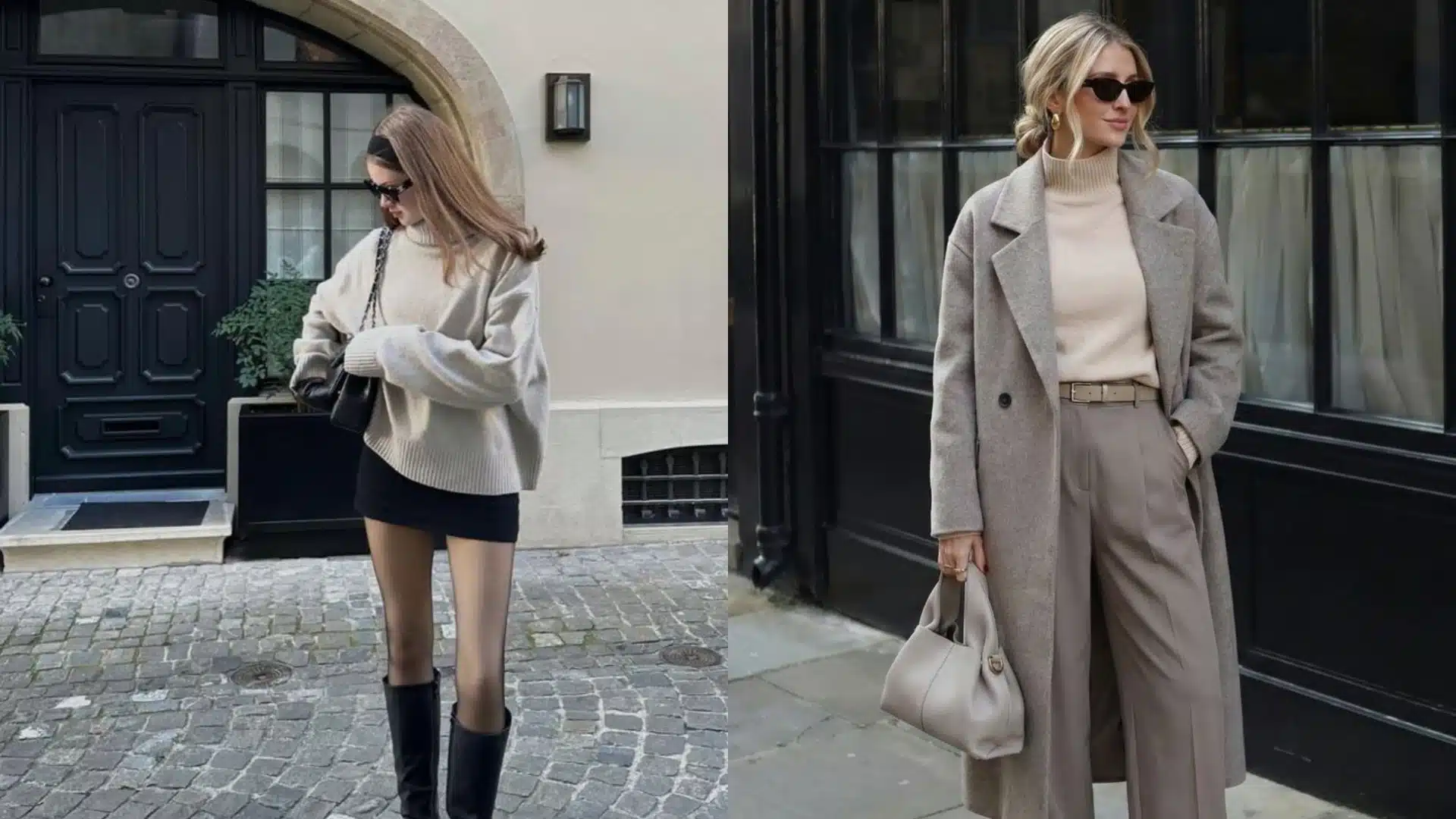 Split image featuring two women modeling chic neutral-toned fall or winter street style outfits