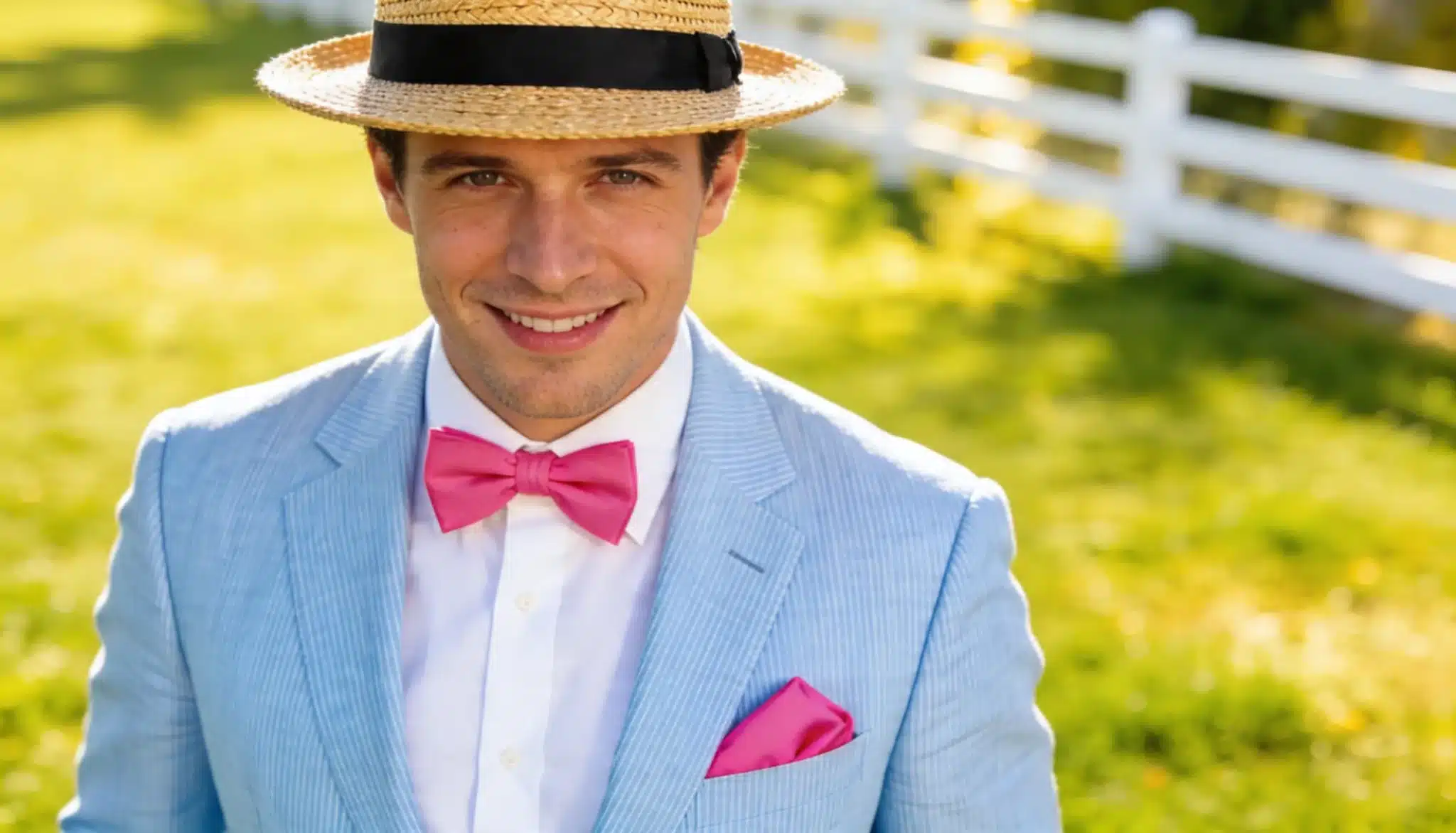 Smiling man wearing a straw boater hat, light blue seersucker jacket, white shirt, and bright pink bowtie outdoors near a white fence.