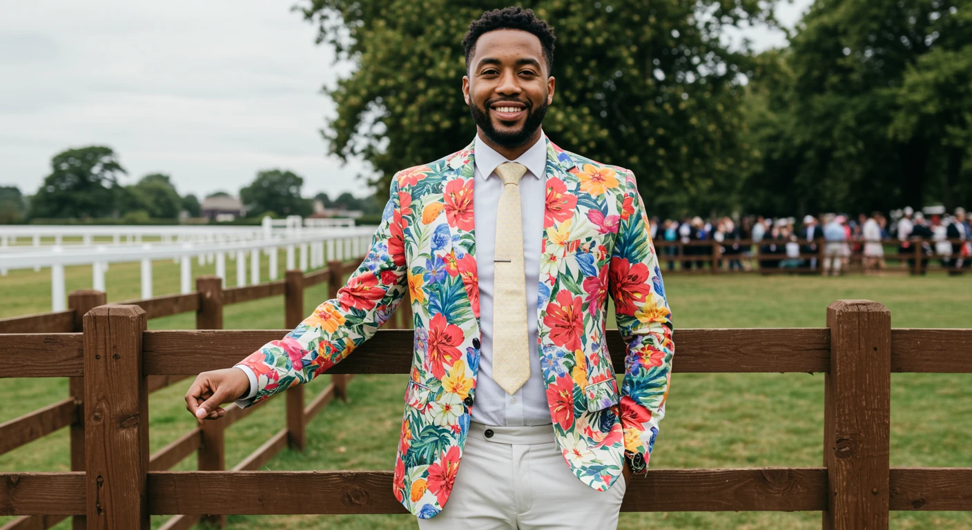 A man with a bold printed blazer look, standing at a horse race track