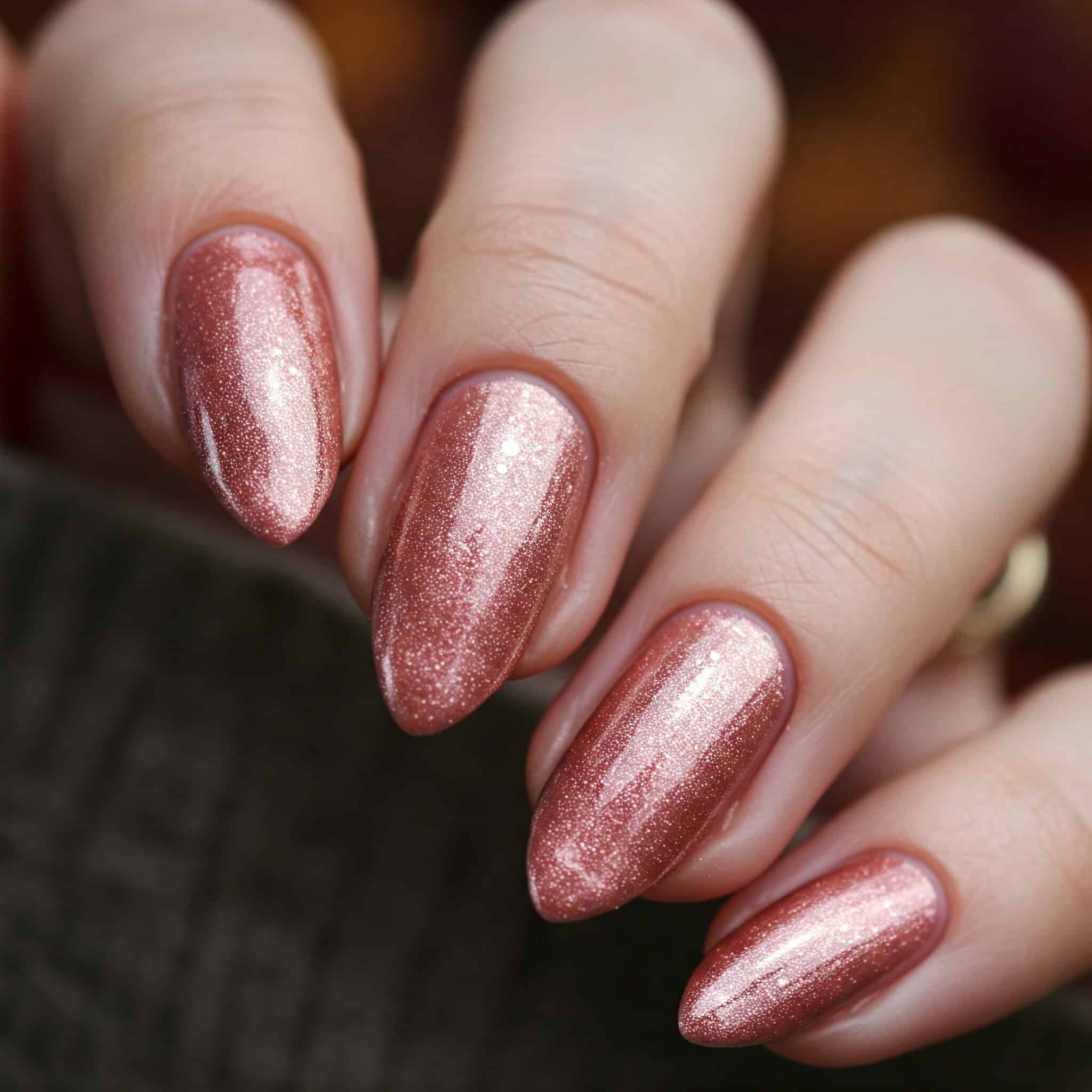 A woman's hand featuring metallic nails and a stylish pink manicure, highlighting her elegant grooming.
