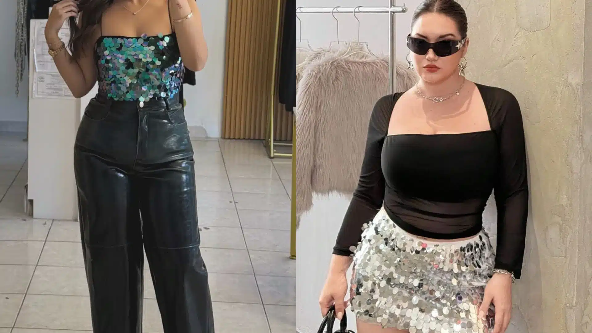 Plus size concert outfits featuring a sequined top with leather pants and a silver sequin skirt styled with a black fitted top and sunglasses