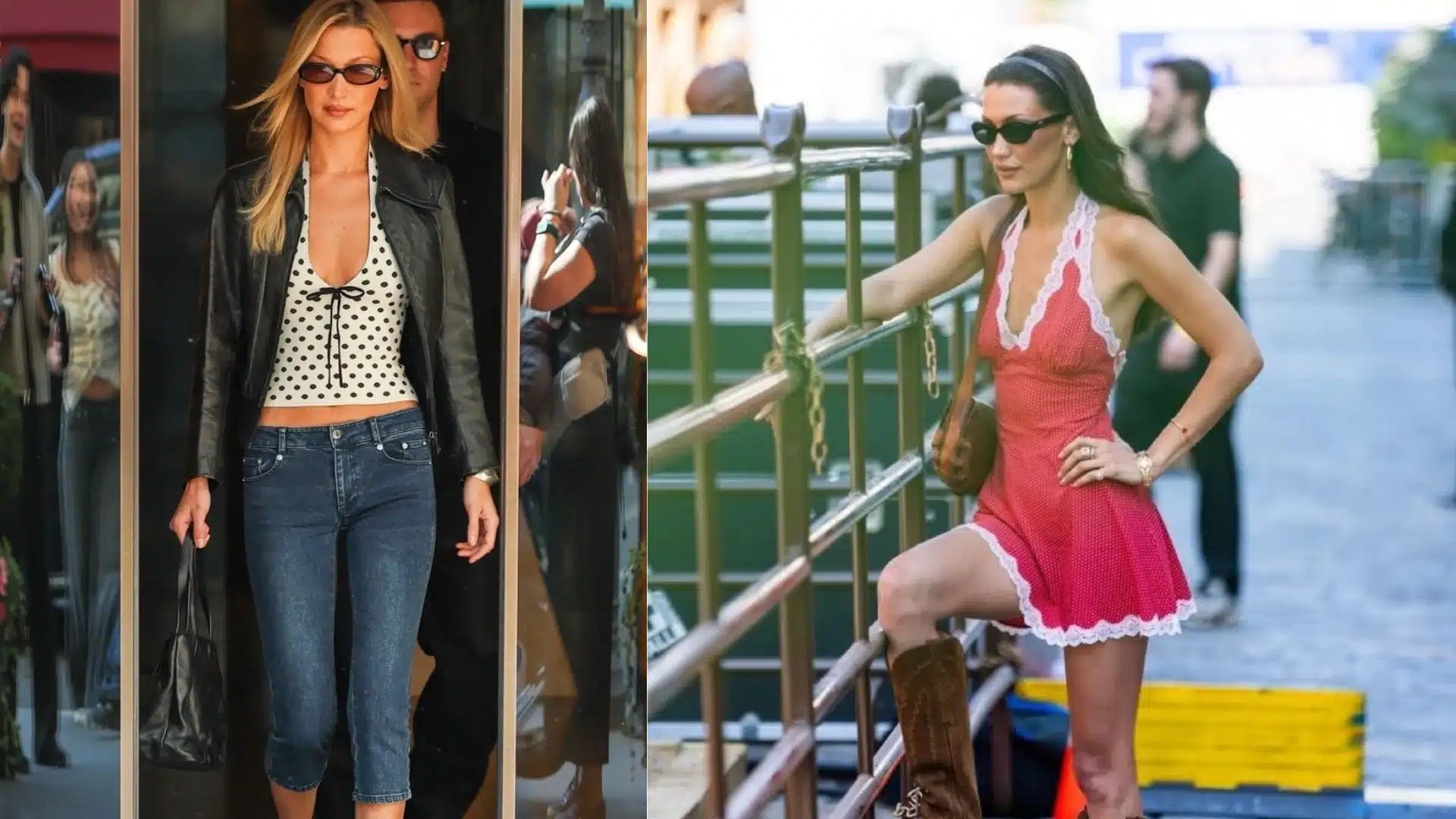 Split image showing a blonde woman in two distinct fashion looks one wearing a black leather jacket polka-dot halter top and jeans and the other wearing a red lace-trimmed mini-dress and brown boots