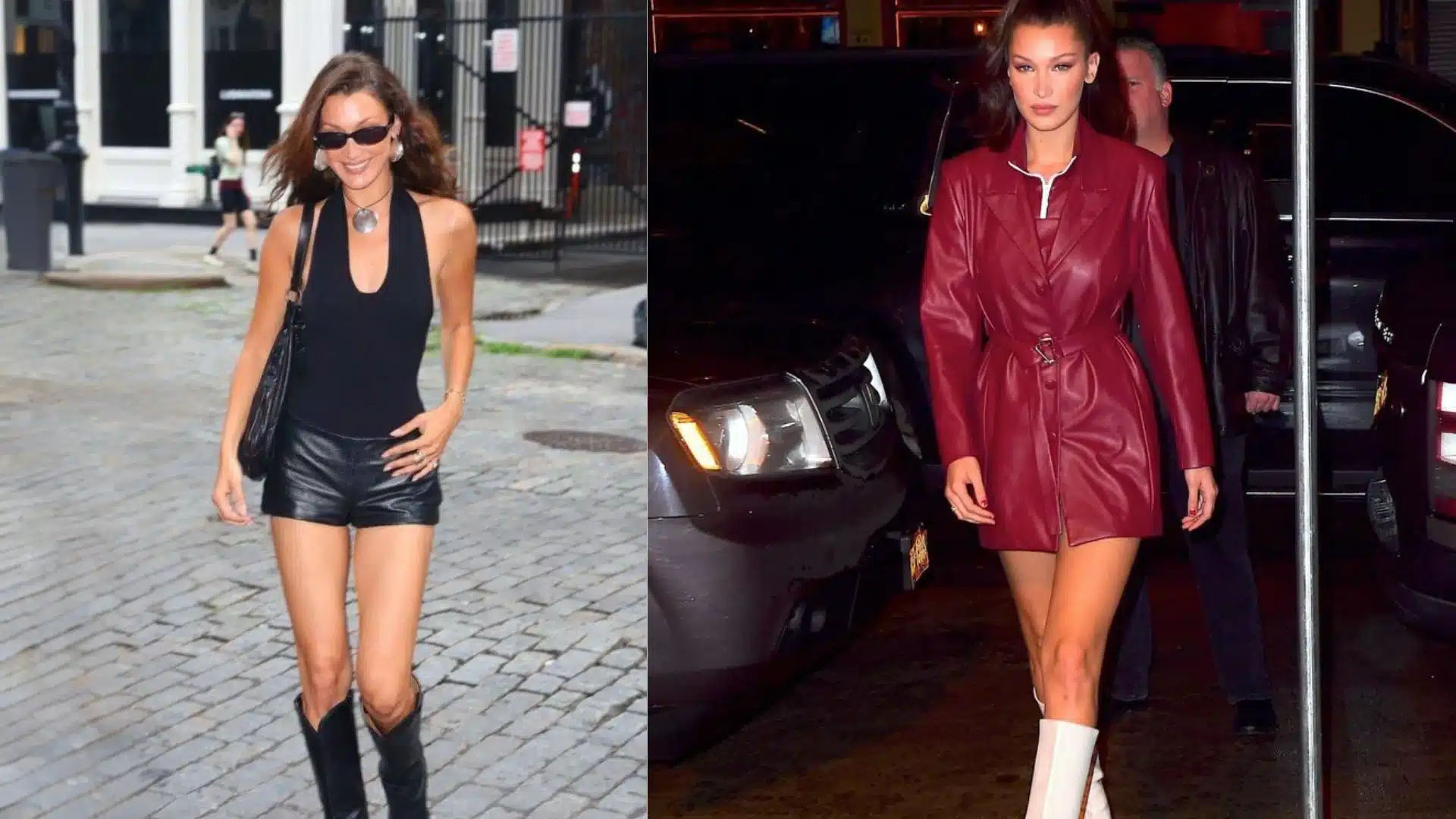 Split image showing Bella Hadid in a daytime black halter top and leather shorts with cowboy boots juxtaposed with a nighttime look in a belted red leather coat and white boots