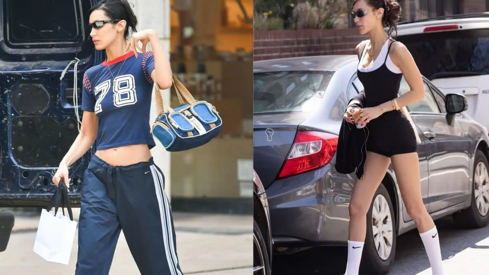 Split image showing Bella Hadid in two different sporty outfits while walking outdoors near vehicles