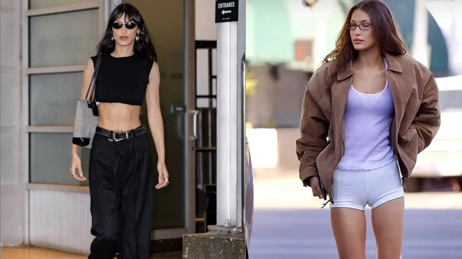 Split image showing model Bella Hadid in two distinct street style outfits one all-black look with a crop top and one lighter look with a brown jacket and white shorts