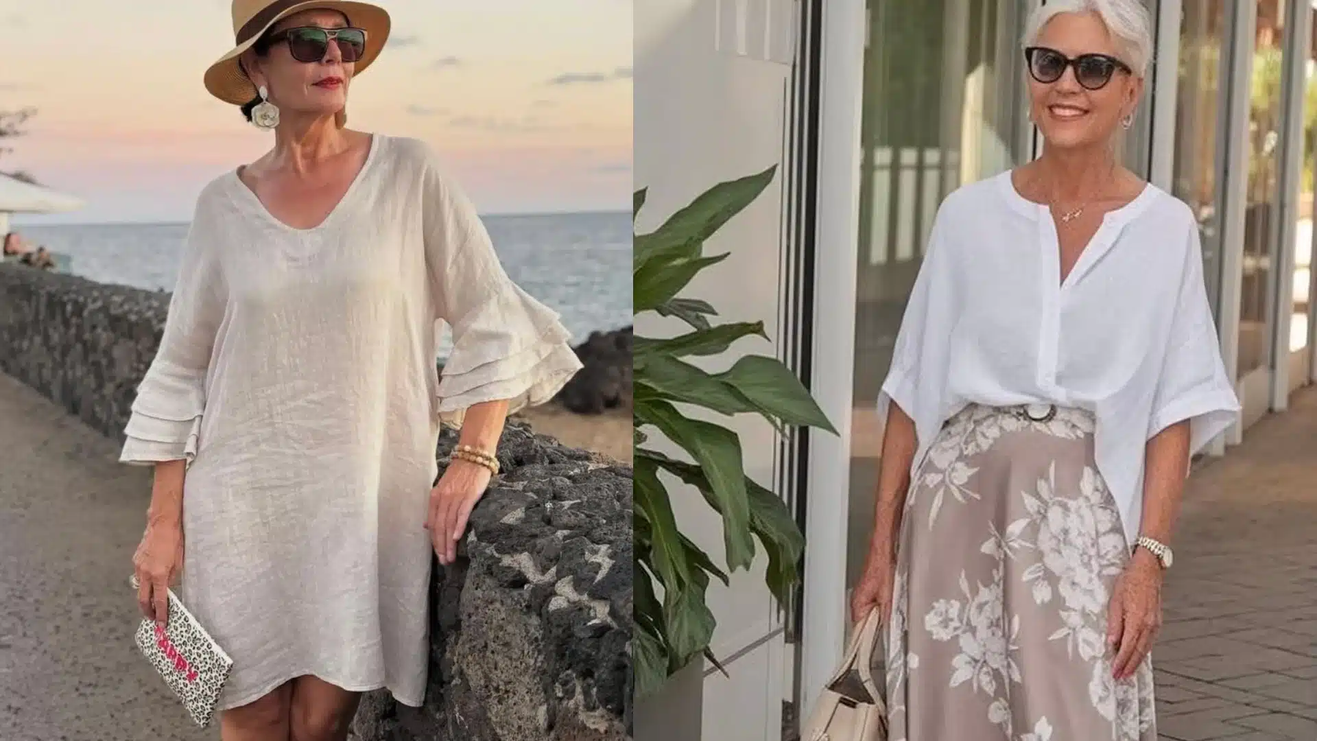 Two stylish women in their 70s wearing a beige dress and hat on the right in a white blouse and floral skirt smiling outdoors