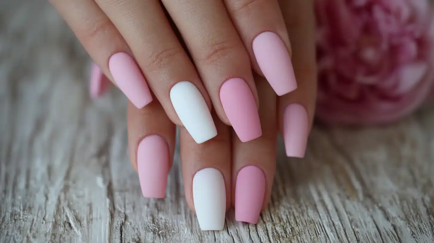 Stylish pink and white matte nails with contrasting pink tips and white details, creating a modern and chic design