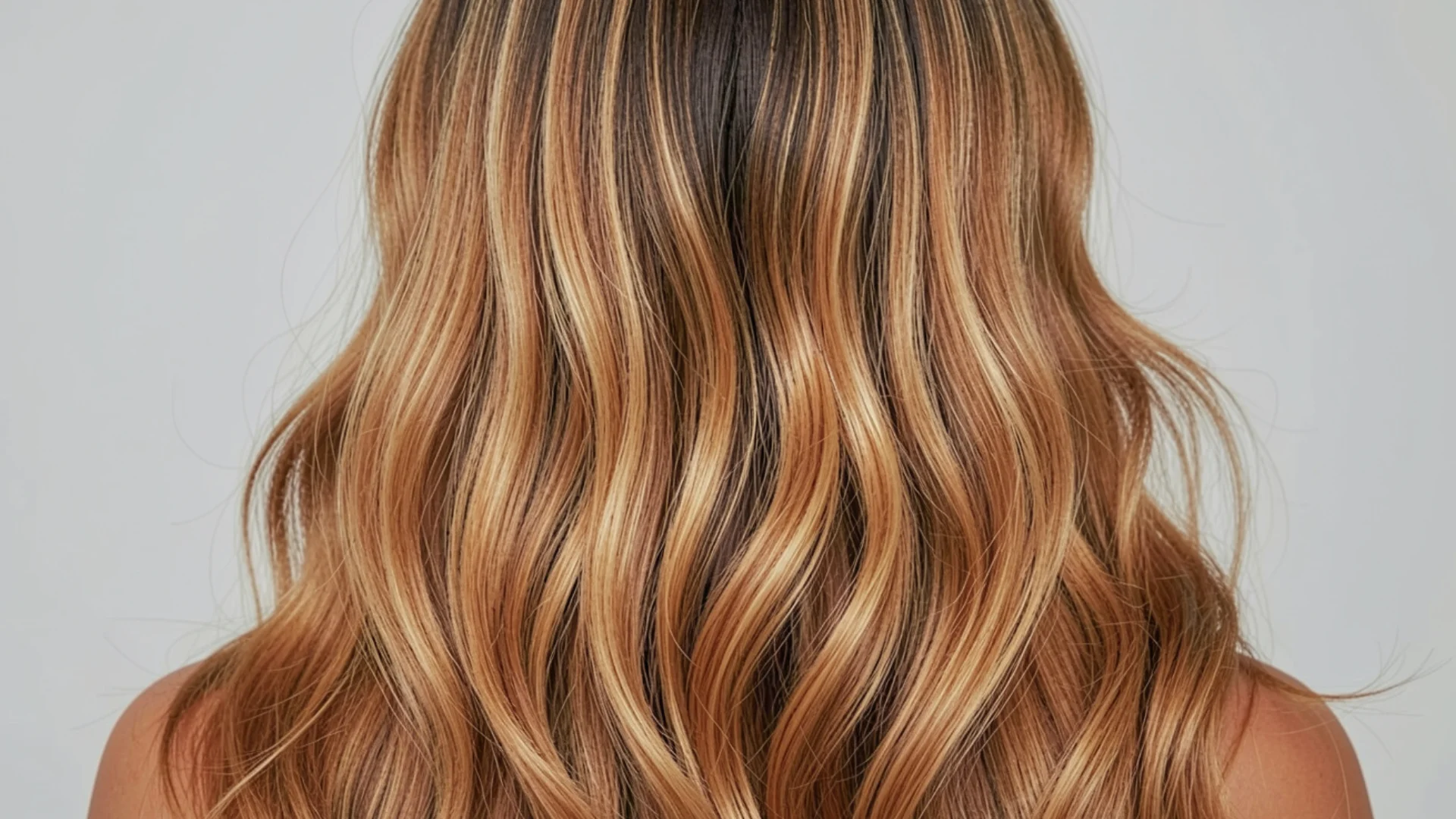 Back view of a woman with long, wavy brown hair with Sun Kissed Balayage blonde highlights