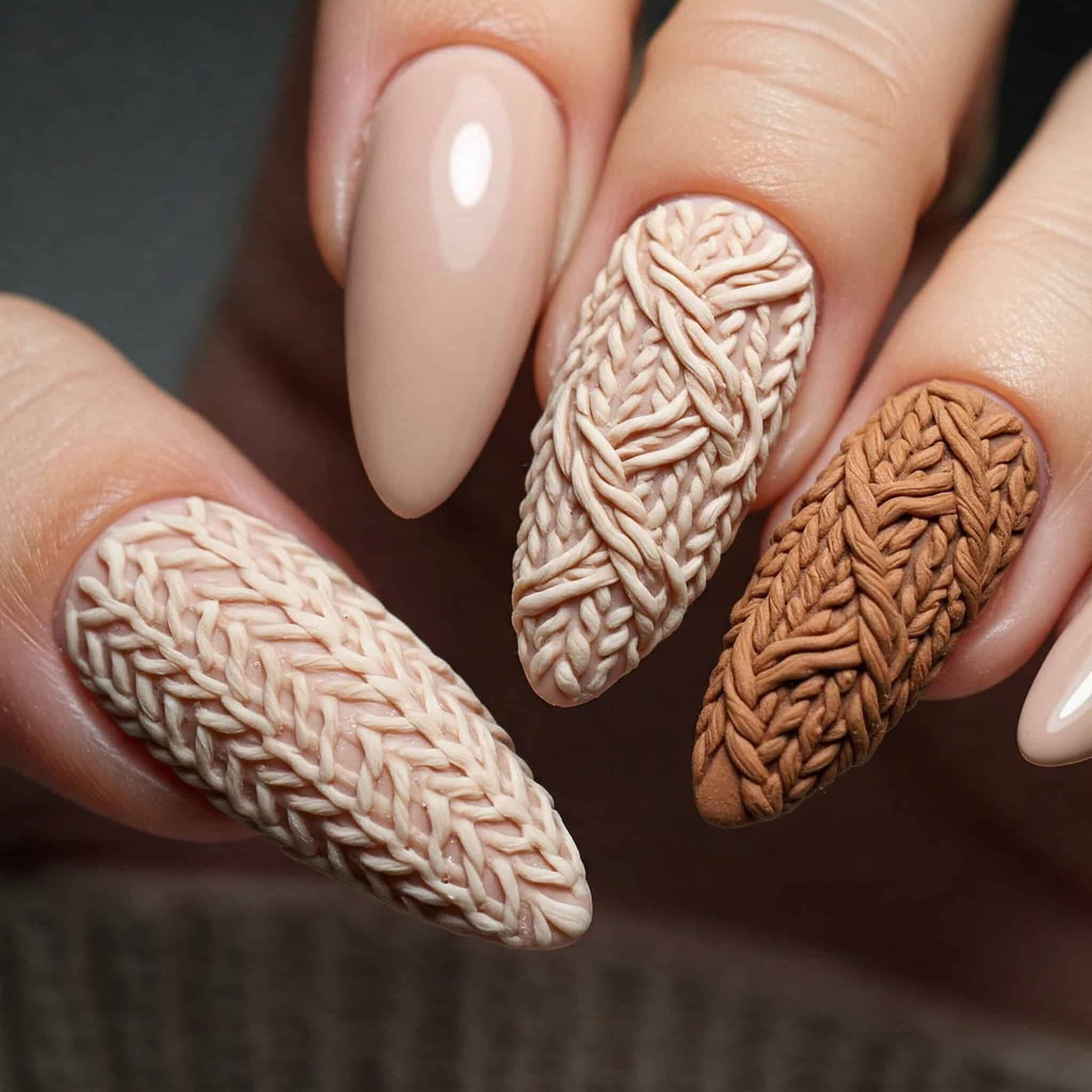 Close-up of hands showcasing four fingernails with intricate 3D knit texture designs in shades of beige and brown, resembling cozy knitwear.