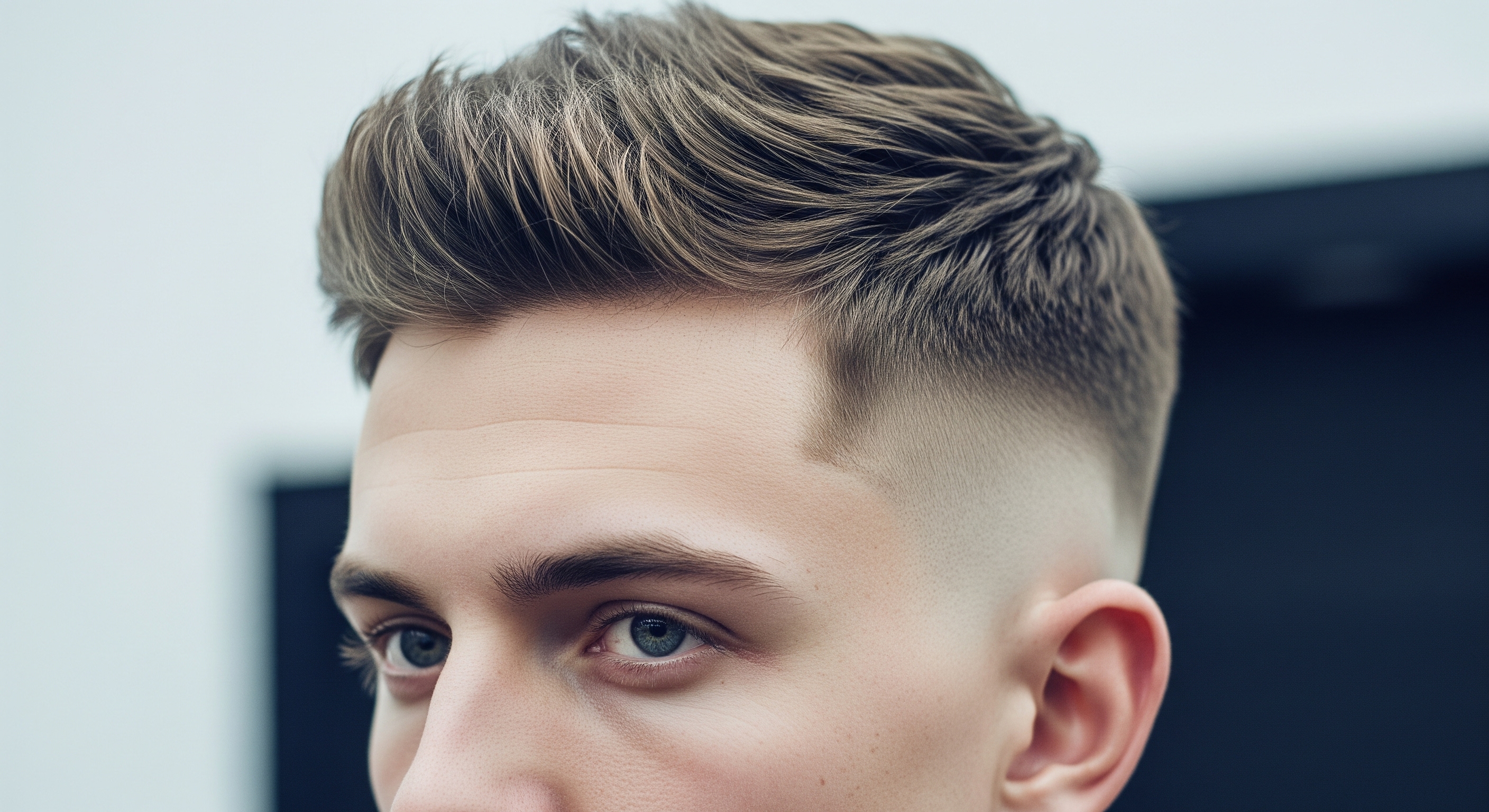 Close-up of a man featuring a textured crop fade hairstyle with a clean, sharp mid skin fade