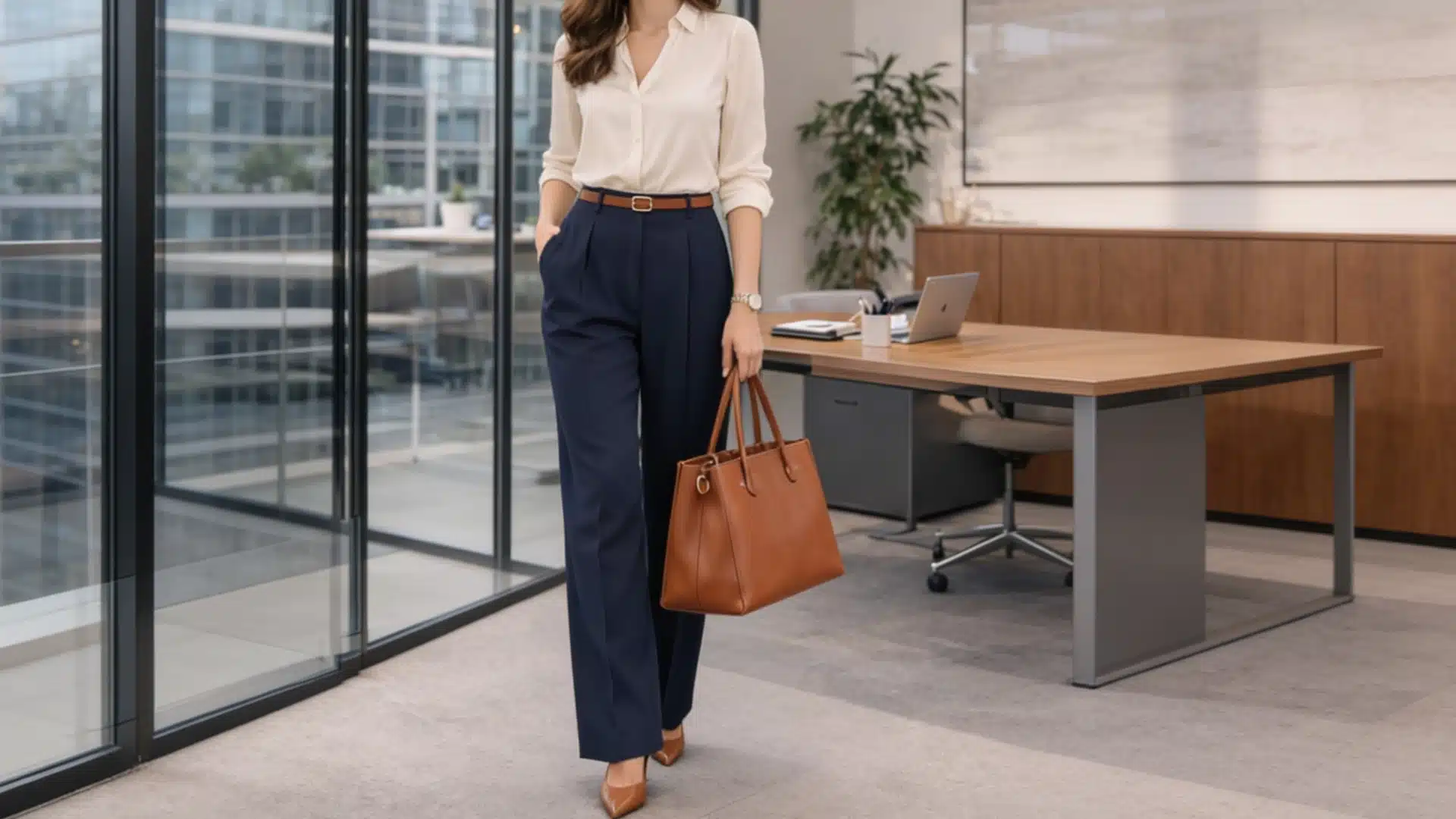 Business professional wearing a cream blouse and navy wide-leg trousers walks through a modern office with floor-to-ceiling windows.