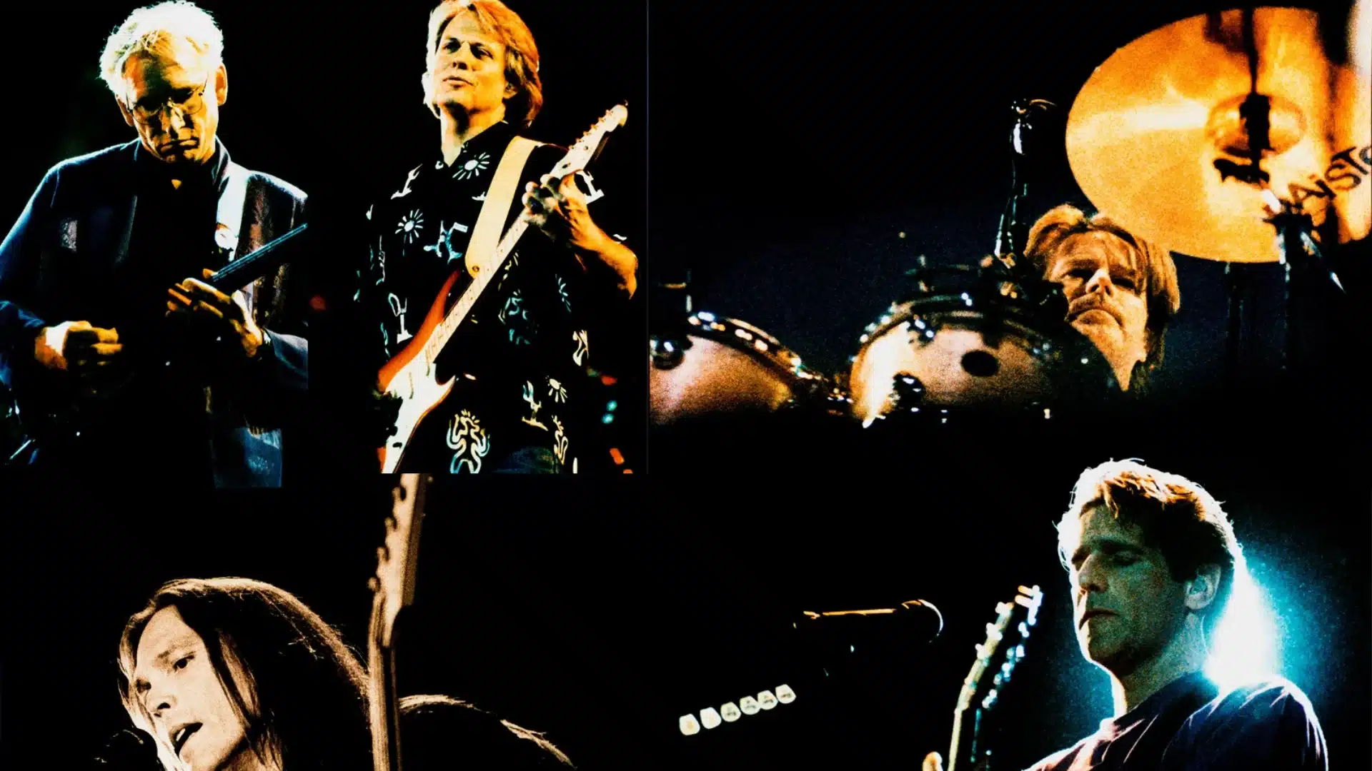 Collage of Eagles band members performing live, featuring guitars and drums