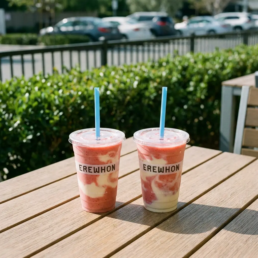 erewhon strawberry glaze skin smoothie in clear cup on wooden table outdoors with two cups side by side sunlight highlighting pink swirl realistic photography