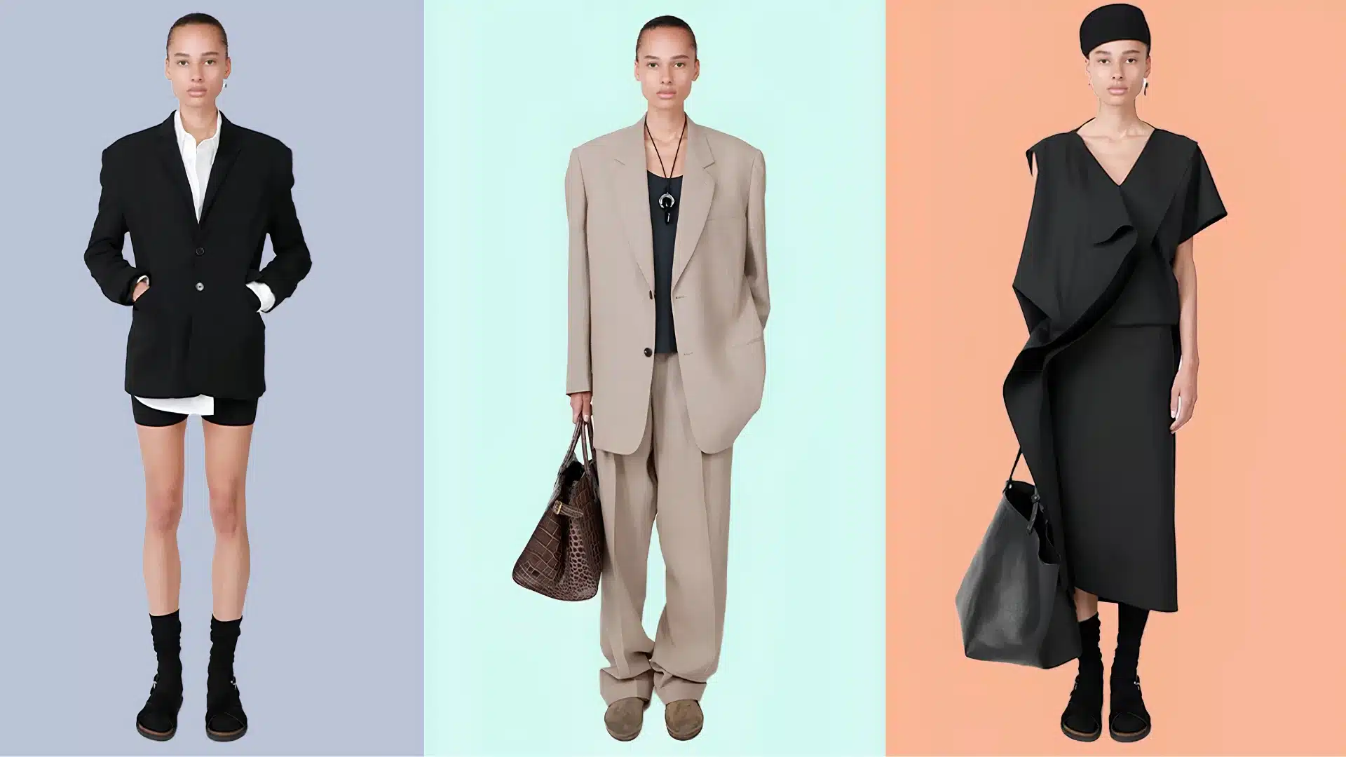 Three models display different The Row products against pastel backgrounds