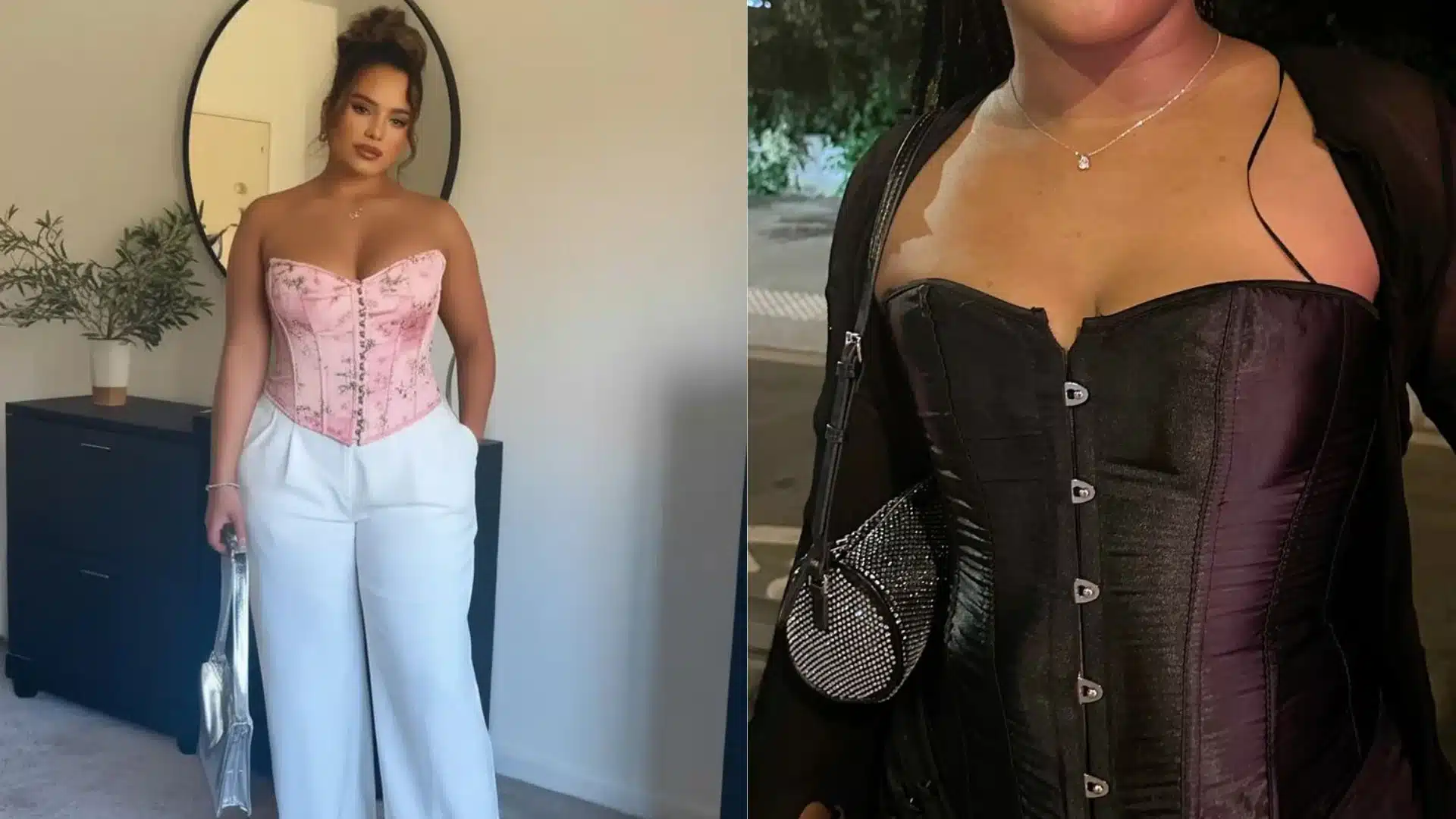 Plus size concert outfits featuring pink and black corset tops paired with wide-leg pants and mini bags for a trendy pop-inspired style