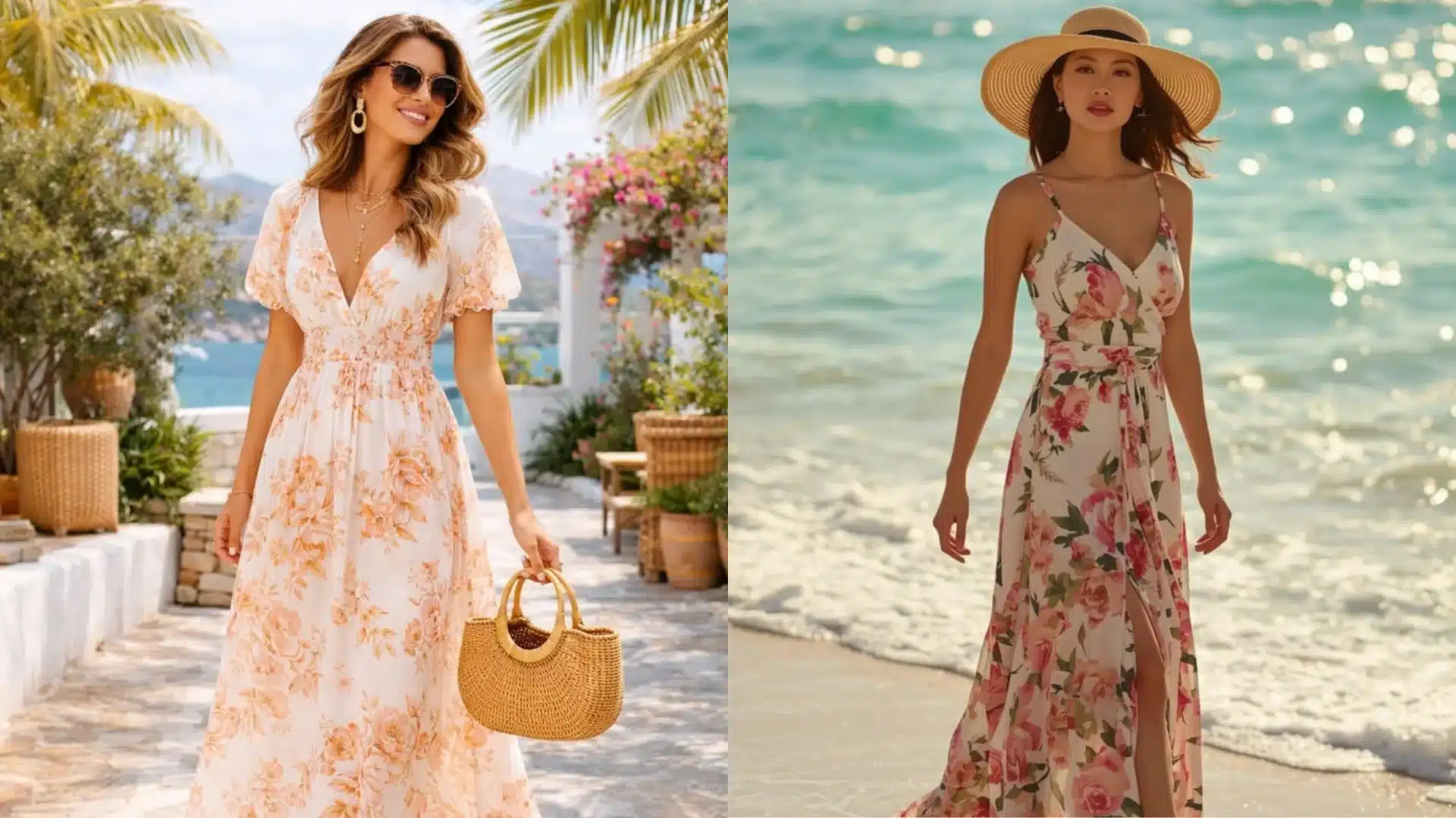 Split image showing two women modeling white floral maxi dresses in sunny warm weather settings