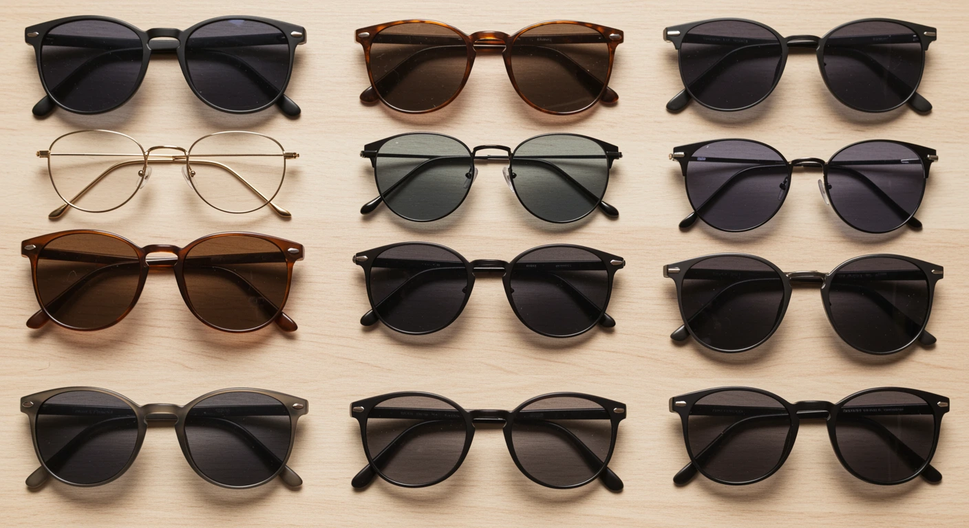 Sunglasses of different shades systemetically arranged against a beige background