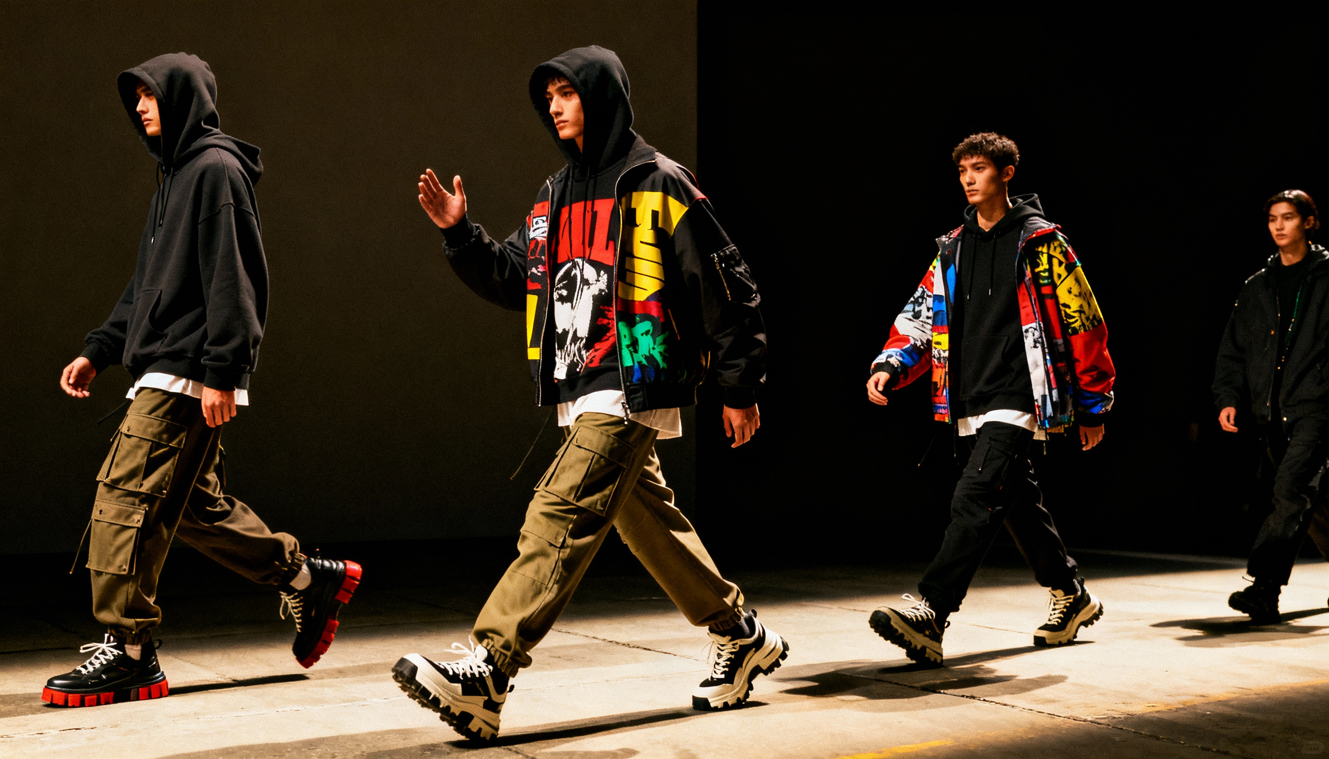 Streetwear fashion models in hoodies, cargo pants, and graphic jackets walking a modern urban runway
