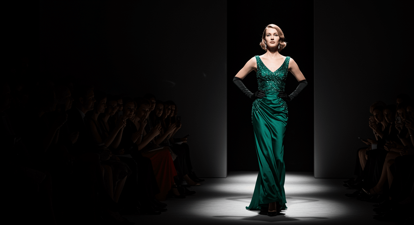 Fashion model in emerald green evening gown walking a spotlighted runway, audience seated in dark fashion show venue