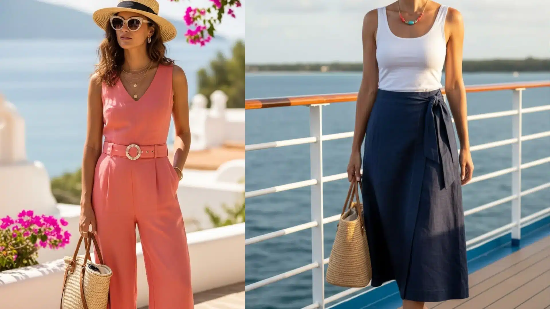 Two women in distinct outfits enjoy a boat ride showcasing their styles against a scenic water backdrop