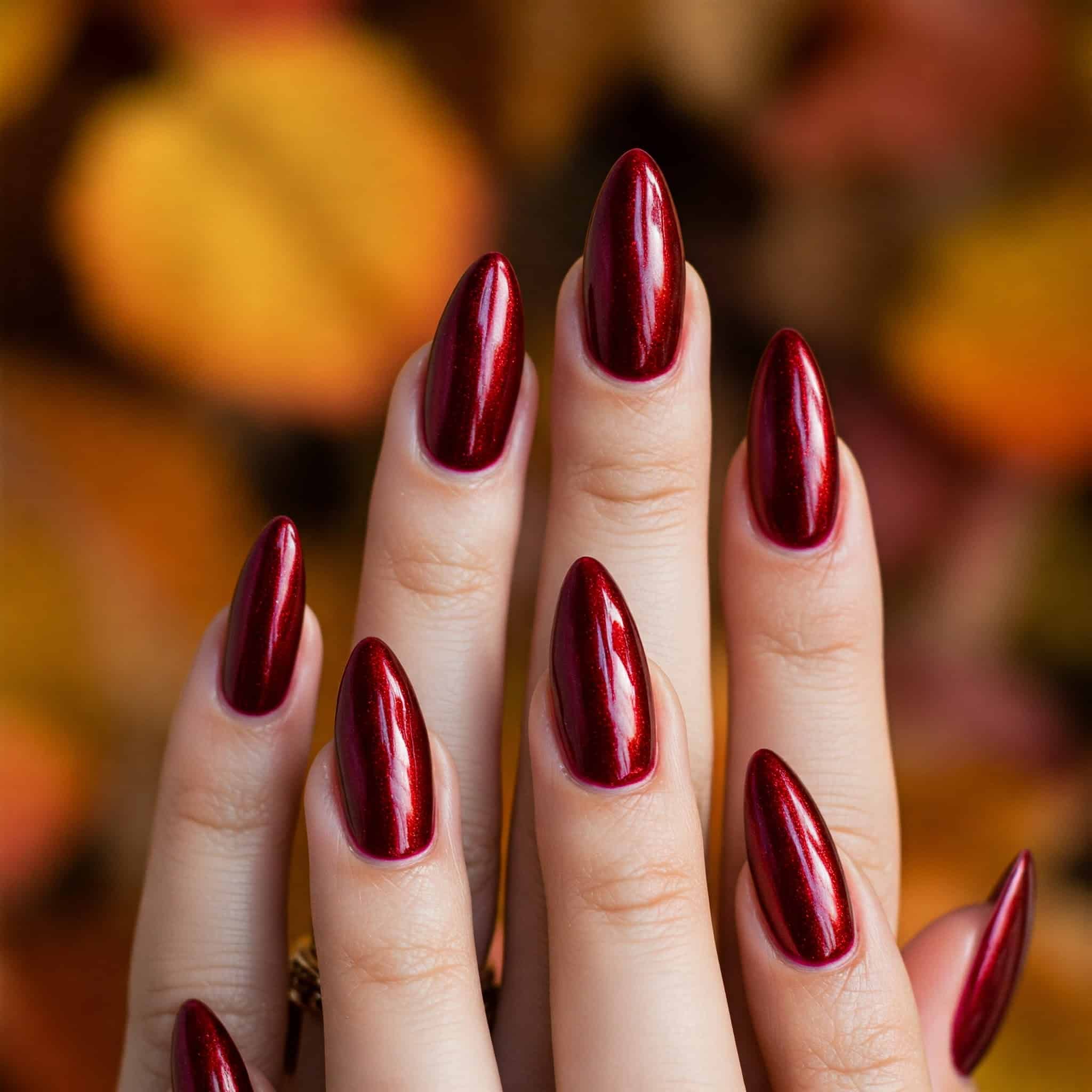 Close-up of hands with long, glossy, metallic red nails against a blurred autumn leaf background, conveying elegance and warmth.
